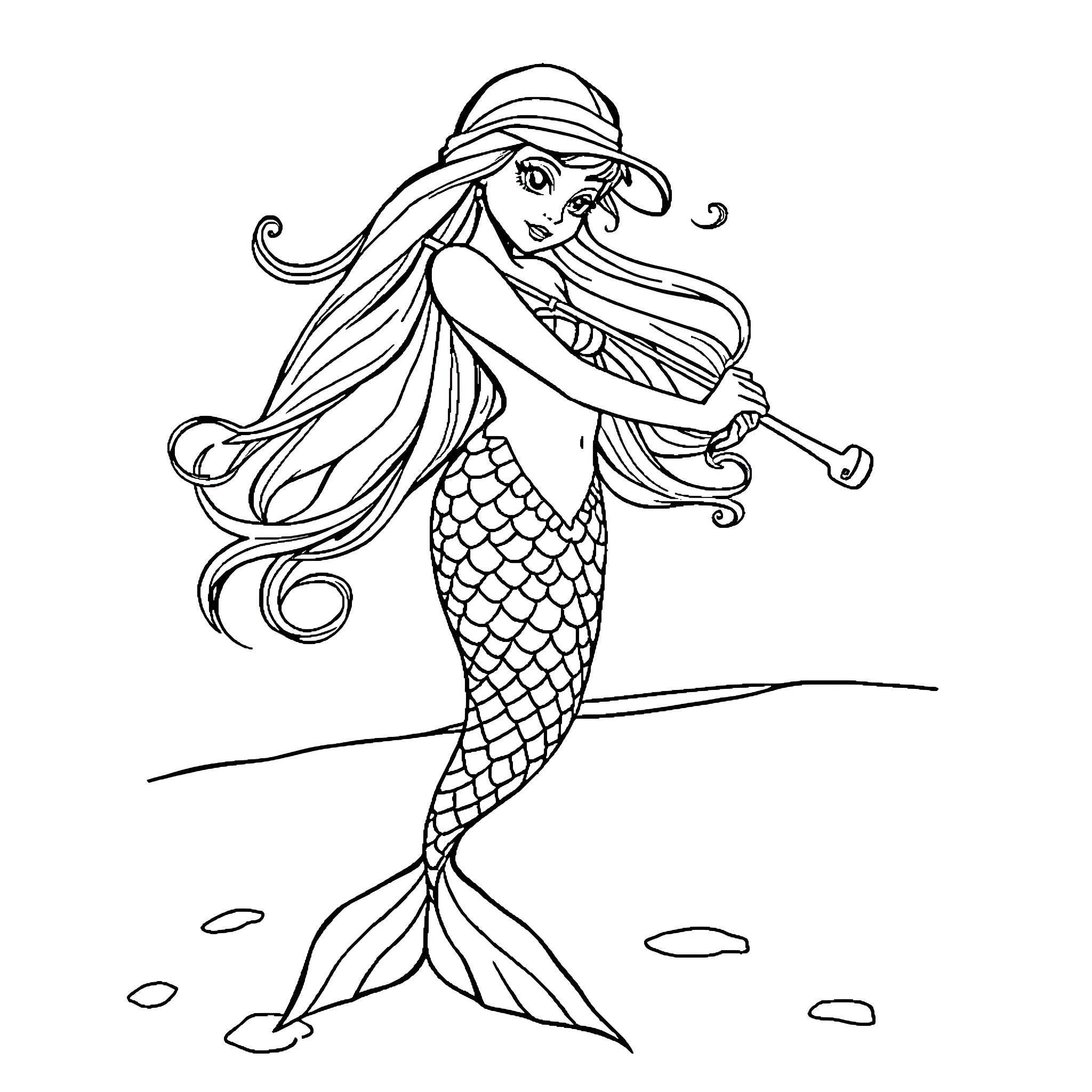 Mermaid exploring the underwater world Coloring Page (free black-and-white line drawing printable PDF for all, from beginners to advanced learners, including children, teens, adults, and seniors)