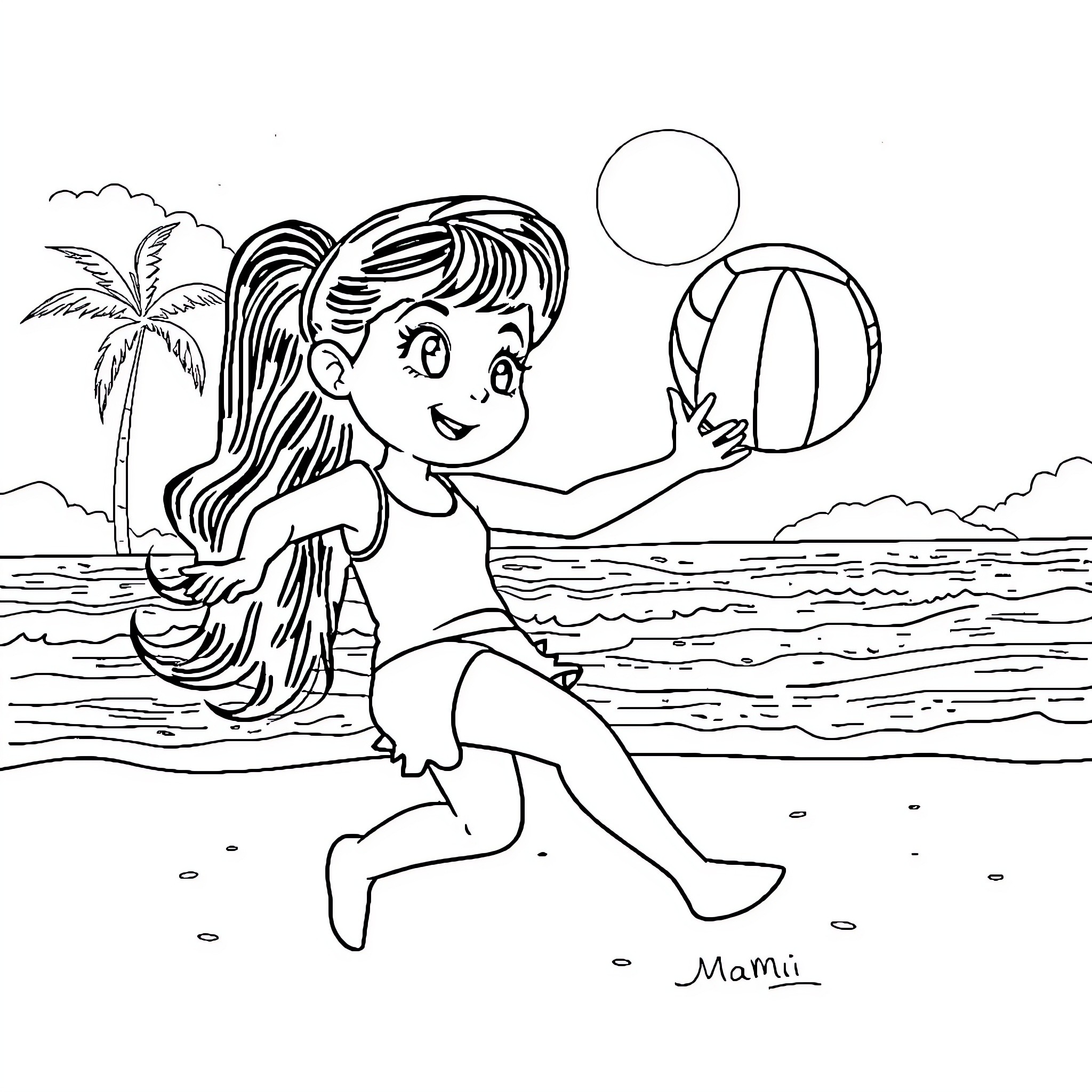 Masha playing joyfully on the beach with a ball Coloring Page (free black-and-white line drawing printable PDF for all, from beginners to advanced learners, including children, teens, adults, and seniors)
