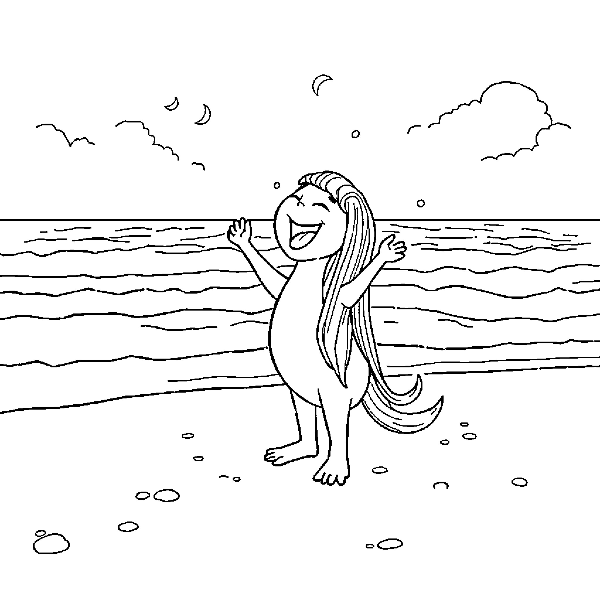 Tralalero Woman Dancing Joyfully on the Beach Coloring Page (free black-and-white line drawing printable PDF for all, from beginners to advanced learners, including children, teens, adults, and seniors)