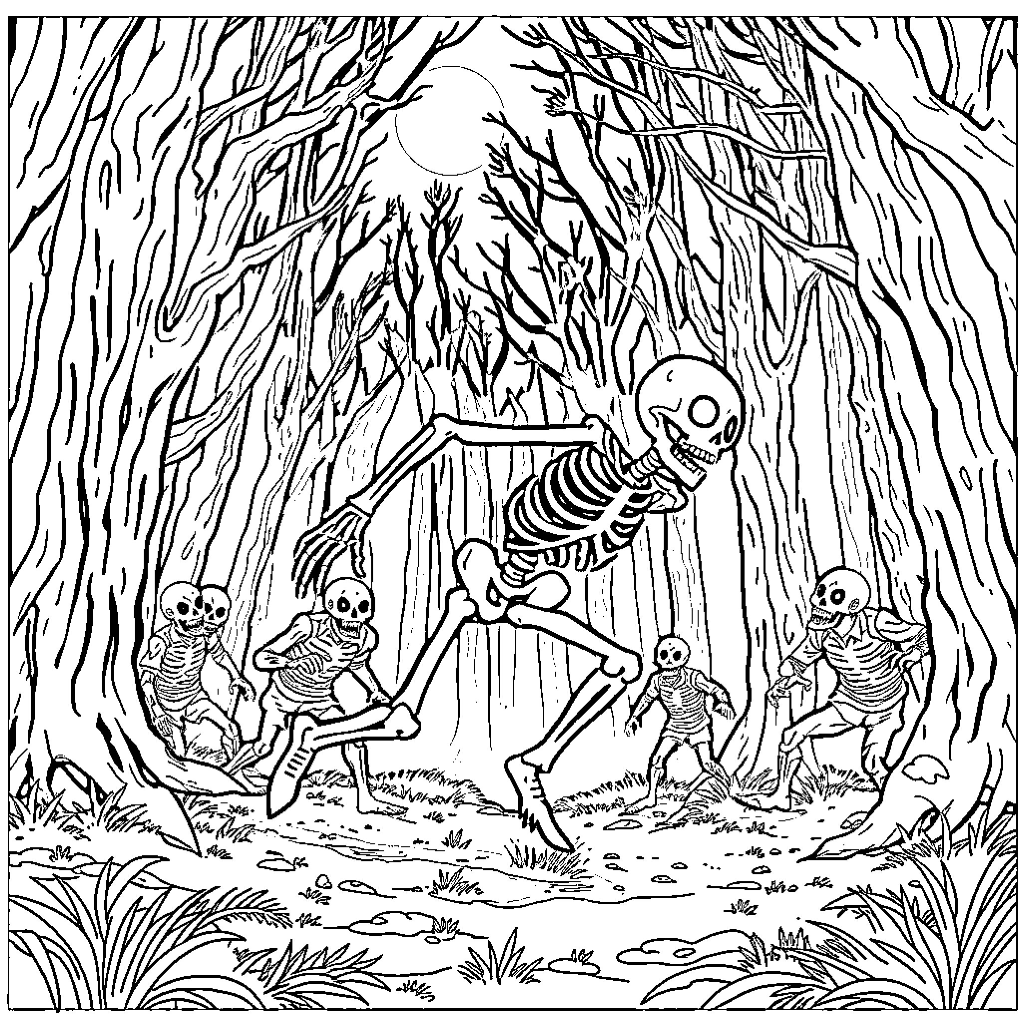 Jack's Skeleton Dance in the Spooky Forest Coloring Page (free black-and-white line drawing printable PDF for all, from beginners to advanced learners, including children, teens, adults, and seniors)