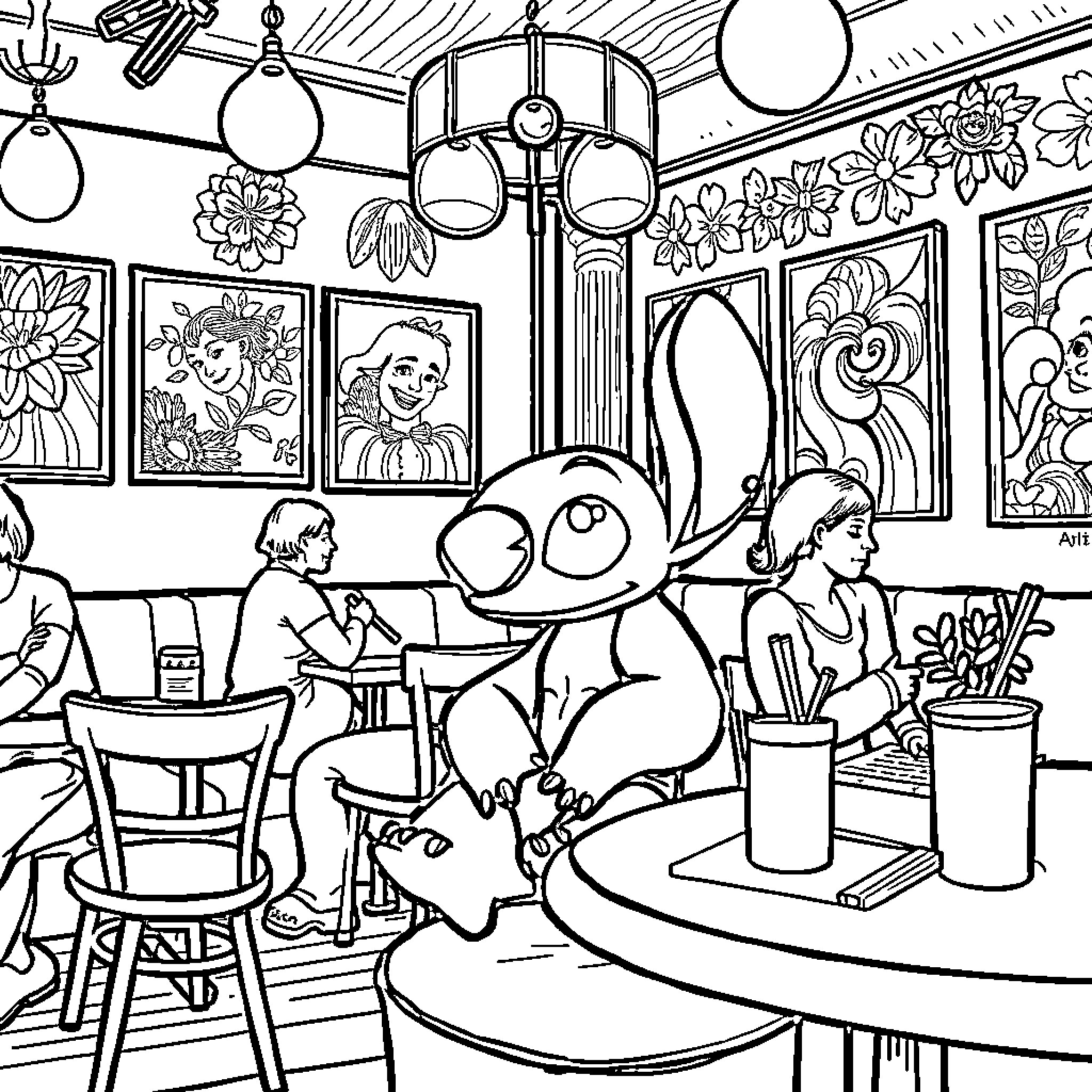 Stitch enjoys a colorful cafe experience Coloring Page (free black-and-white line drawing printable PDF for all, from beginners to advanced learners, including children, teens, adults, and seniors)