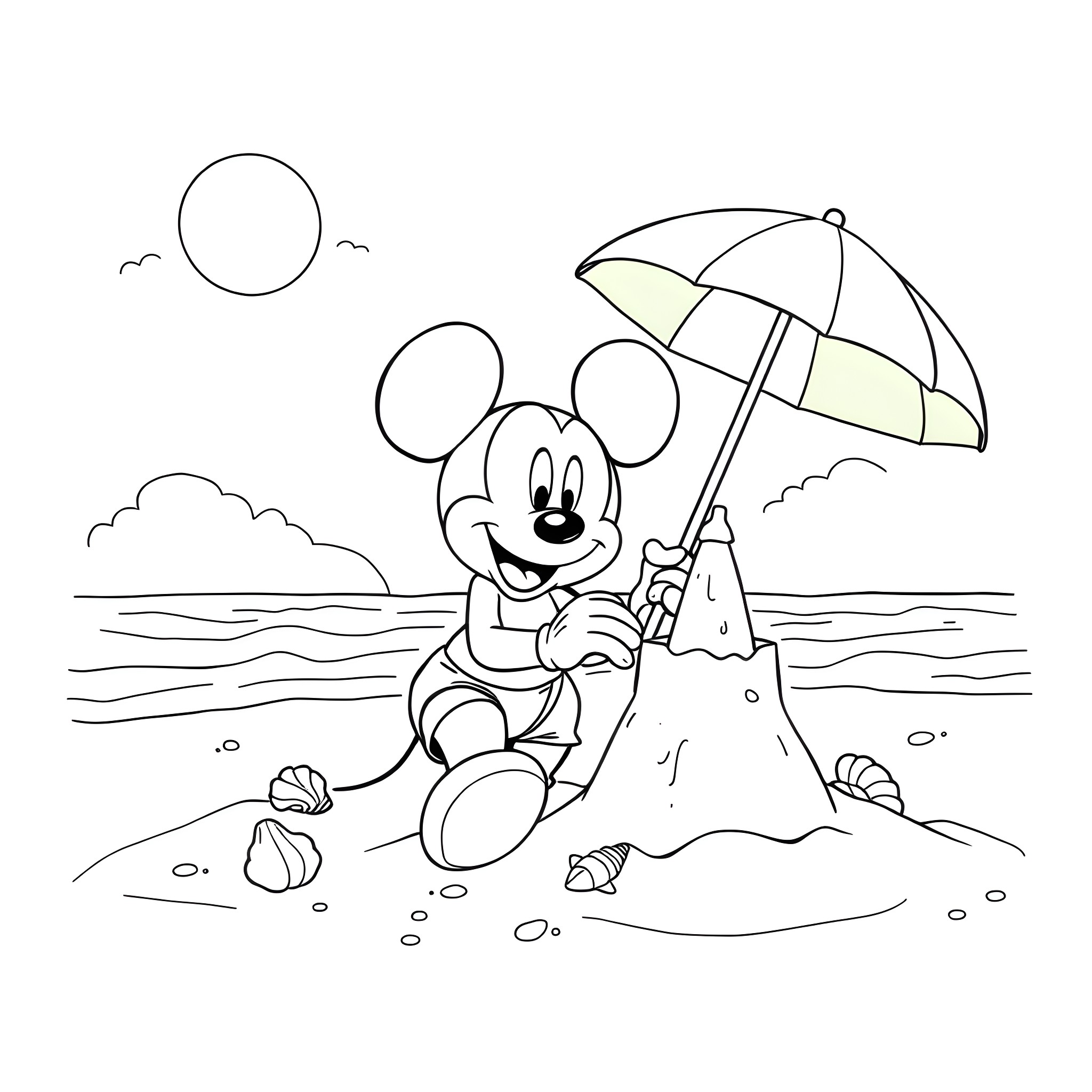 Mickey Mouse enjoying a day at the beach Coloring Page (free black-and-white line drawing printable PDF for all, from beginners to advanced learners, including children, teens, adults, and seniors)