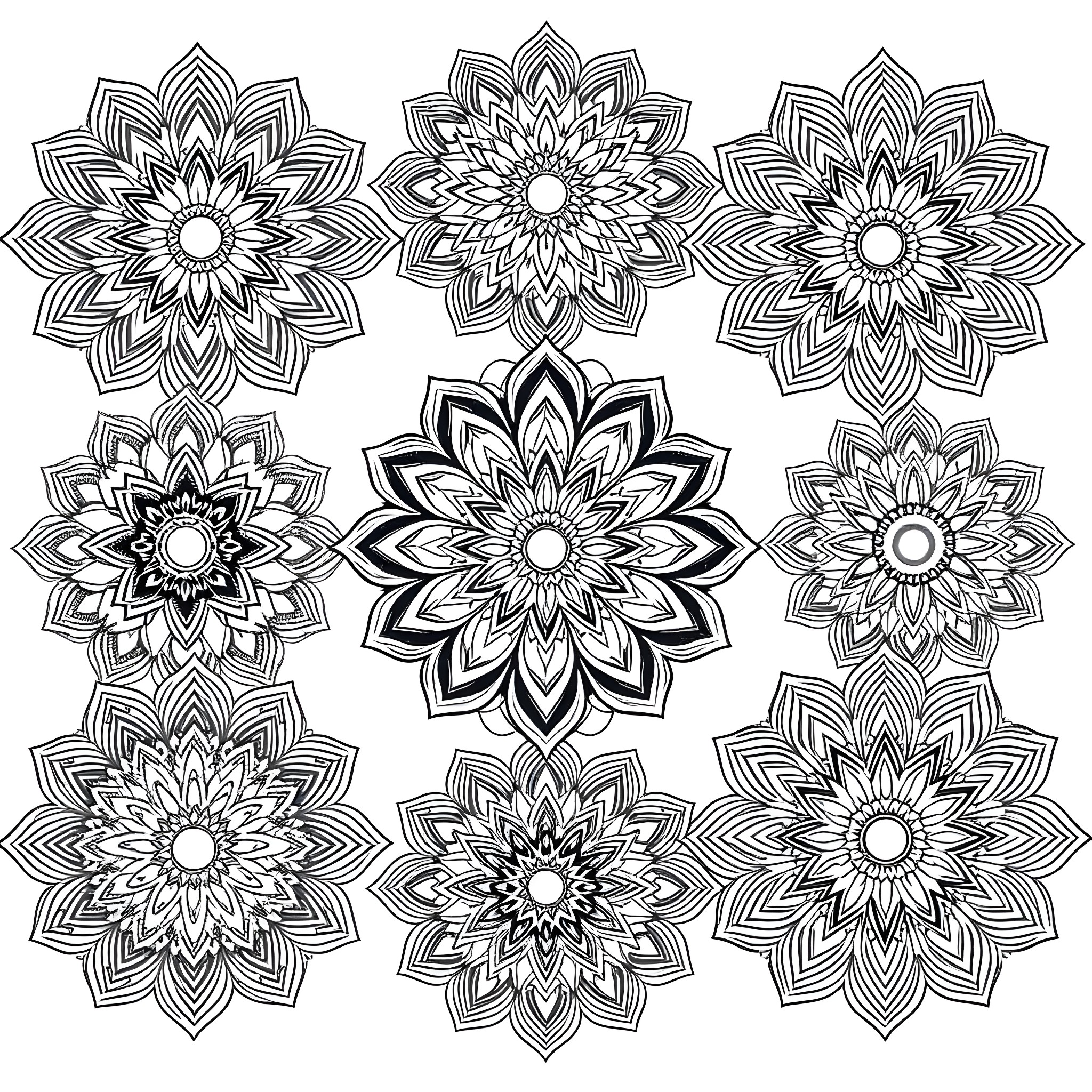 Mandalas with intricate floral designs Coloring Page (free black-and-white line drawing printable PDF for all, from beginners to advanced learners, including children, teens, adults, and seniors)