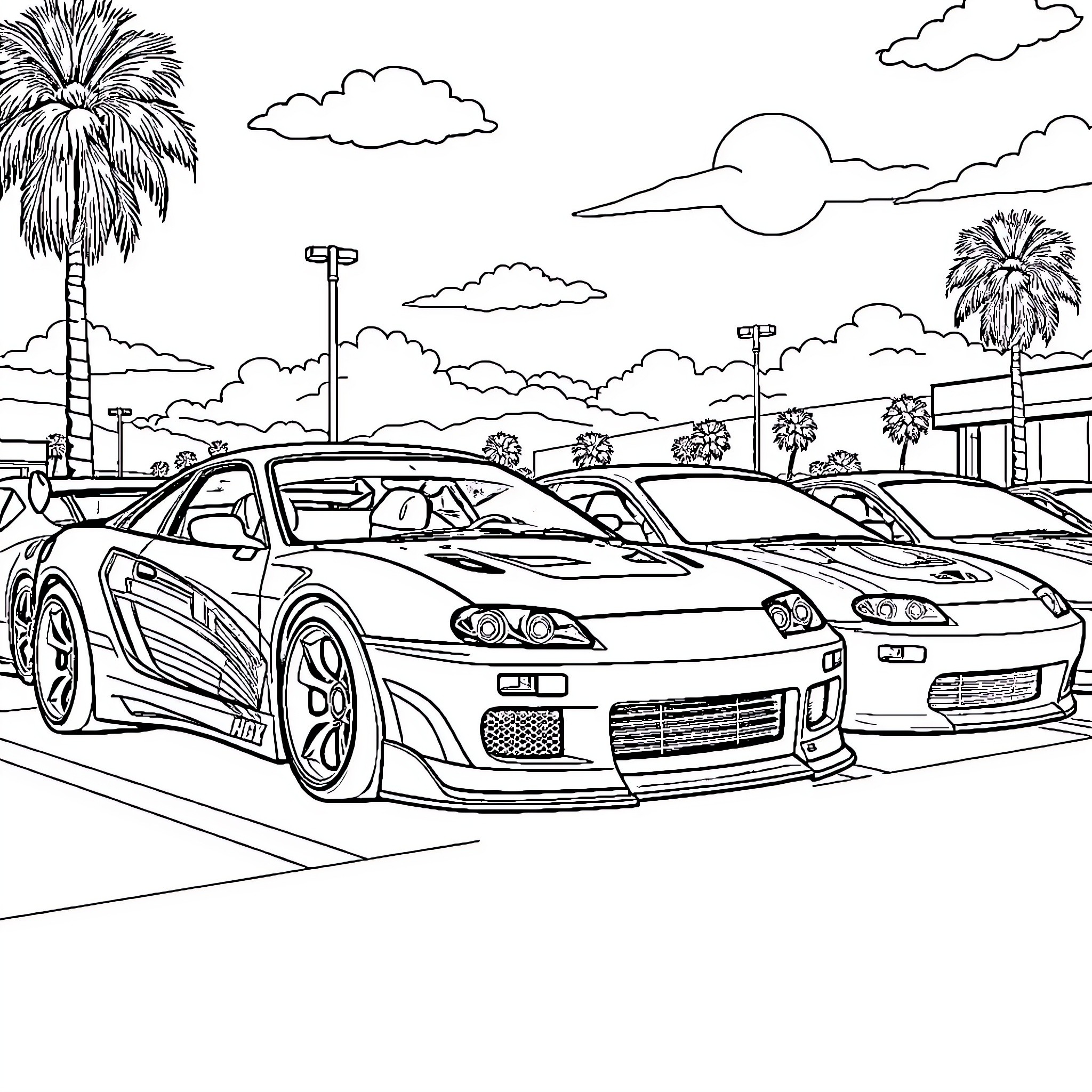 Hotwheels cars racing in sunny parking lot Coloring Page (free black-and-white line drawing printable PDF for all, from beginners to advanced learners, including children, teens, adults, and seniors)