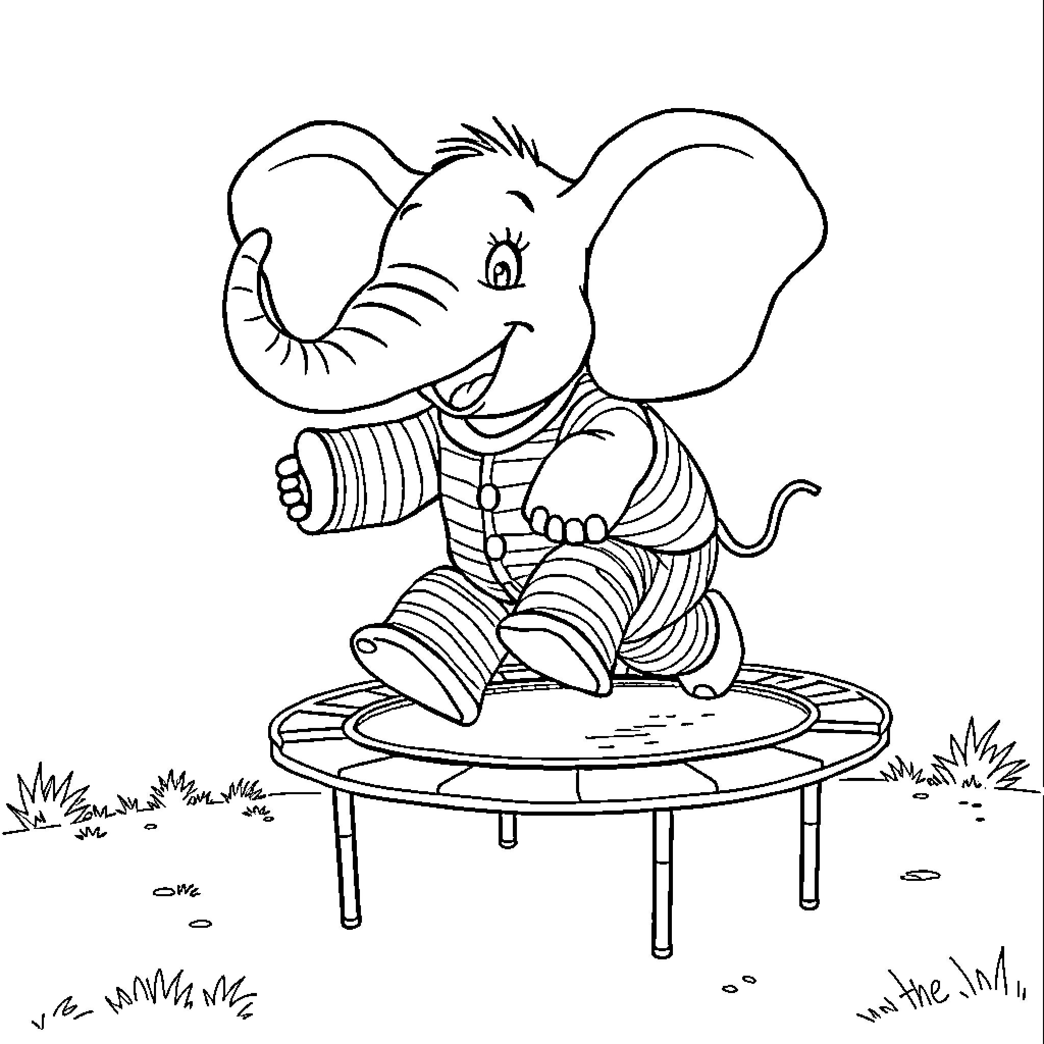Elephant jumping on trampoline with joy Coloring Page (free black-and-white line drawing printable PDF for all, from beginners to advanced learners, including children, teens, adults, and seniors)