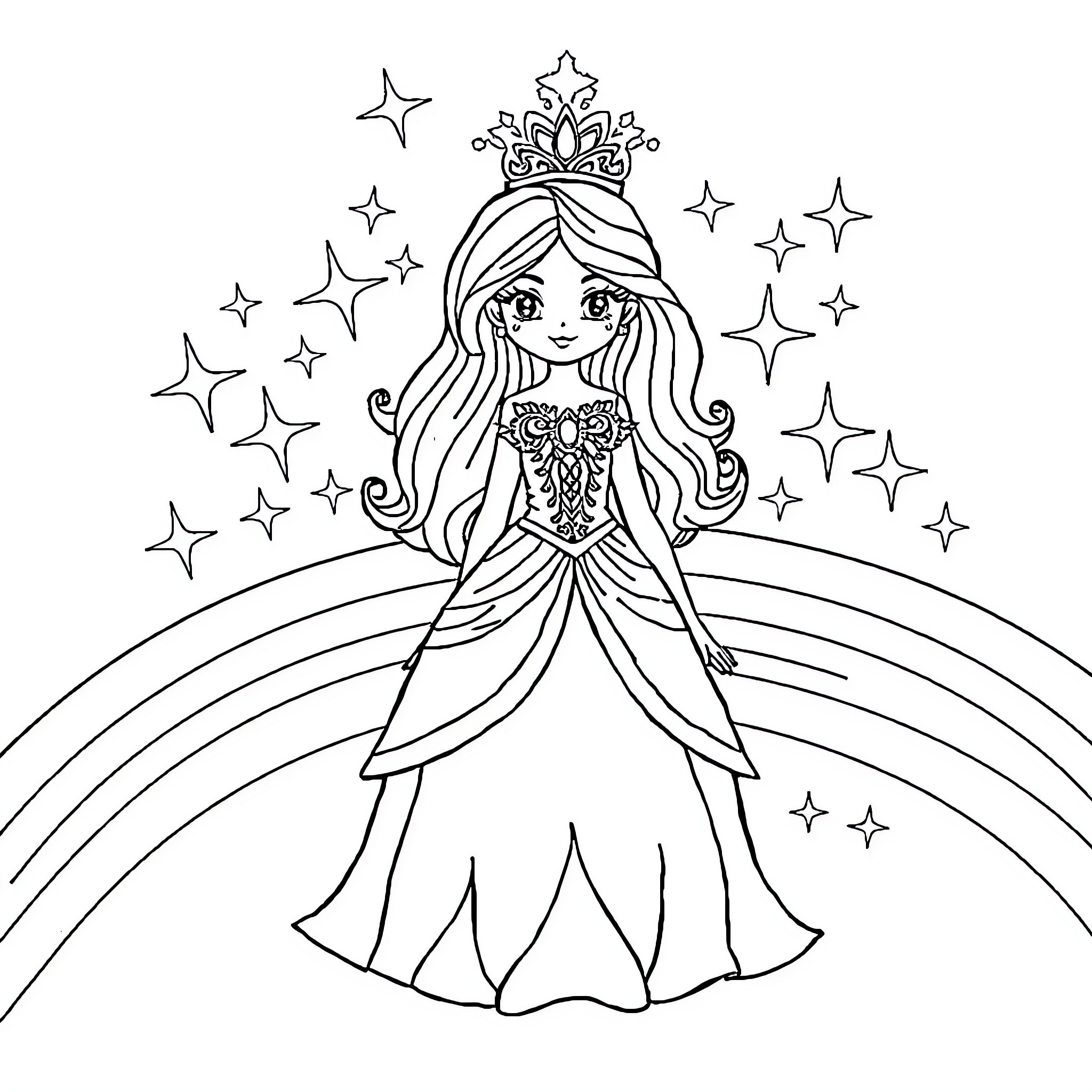 Princess in Sparkling Gown with Magical Stars Coloring Page (free black-and-white line drawing printable PDF for all, from beginners to advanced learners, including children, teens, adults, and seniors)