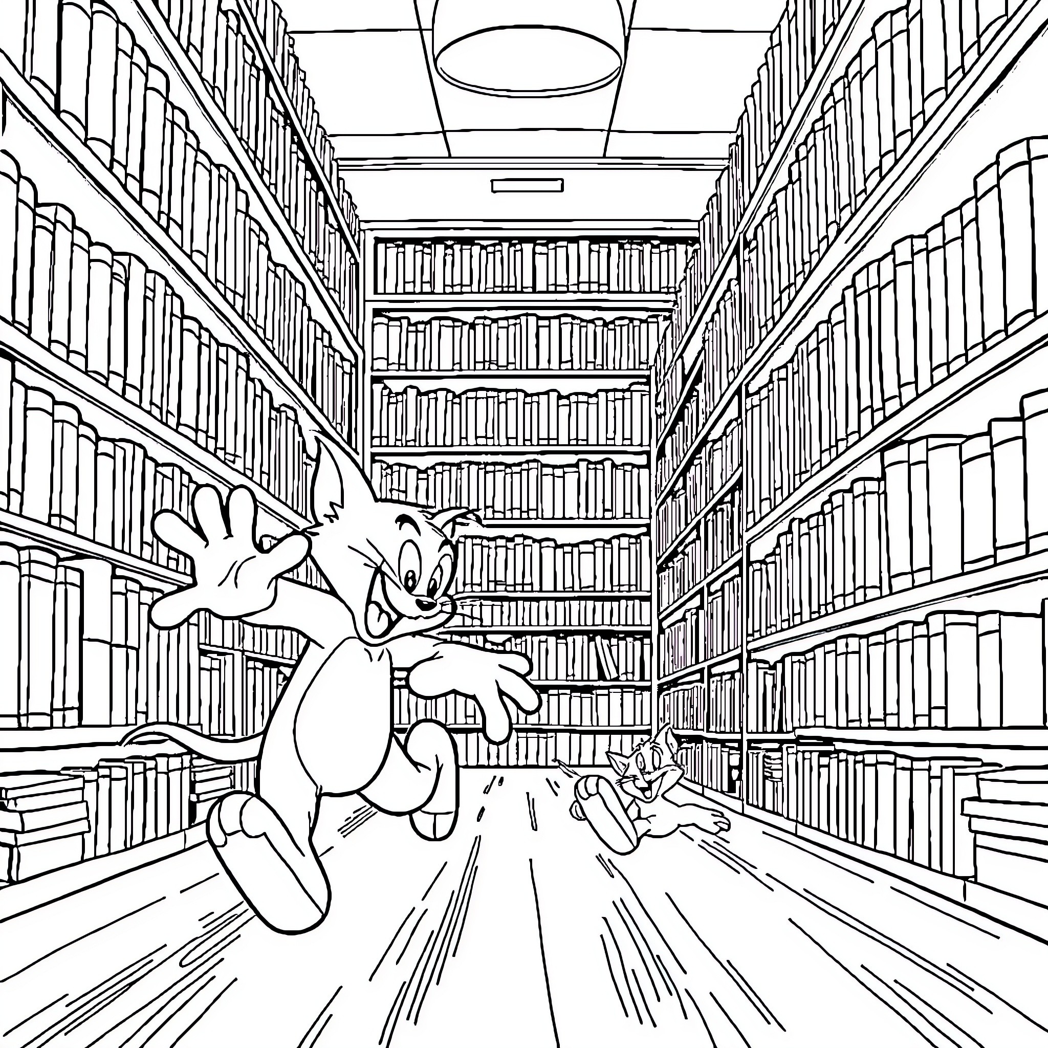 Tom and Jerry's Bookshelf Adventure Coloring Page (free black-and-white line drawing printable PDF for all, from beginners to advanced learners, including children, teens, adults, and seniors)