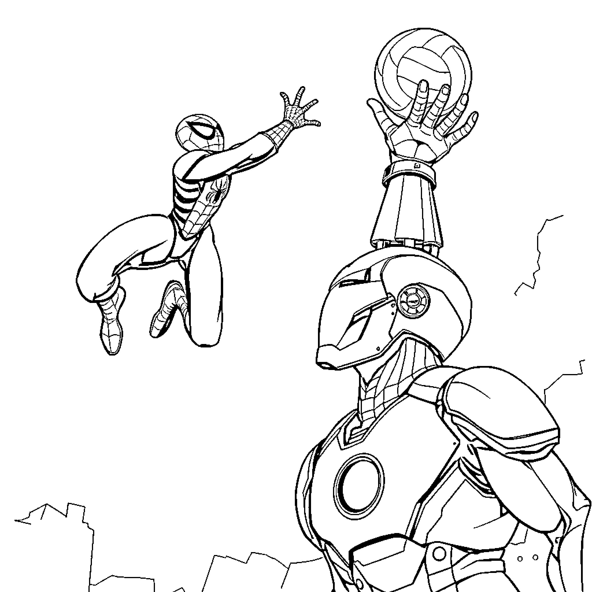 Spiderman swinging and battling a robot-like villain Coloring Page (free black-and-white line drawing printable PDF for all, from beginners to advanced learners, including children, teens, adults, and seniors)