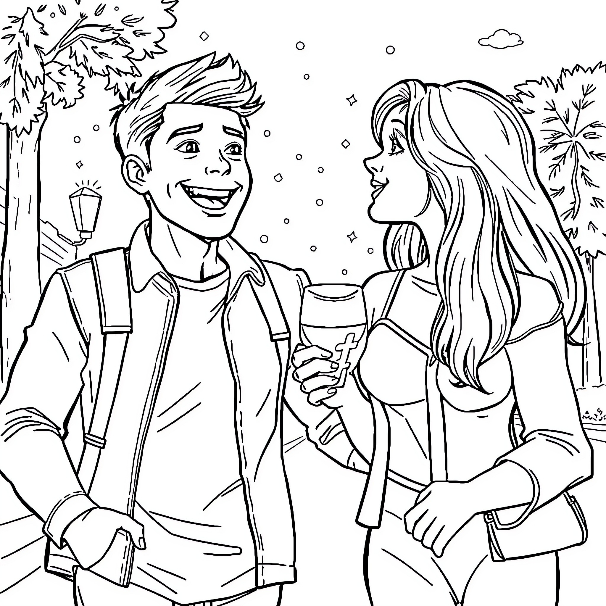 Boy and girl enjoy winter wonderland scene Coloring Page (free black-and-white line drawing printable PDF for all, from beginners to advanced learners, including children, teens, adults, and seniors)