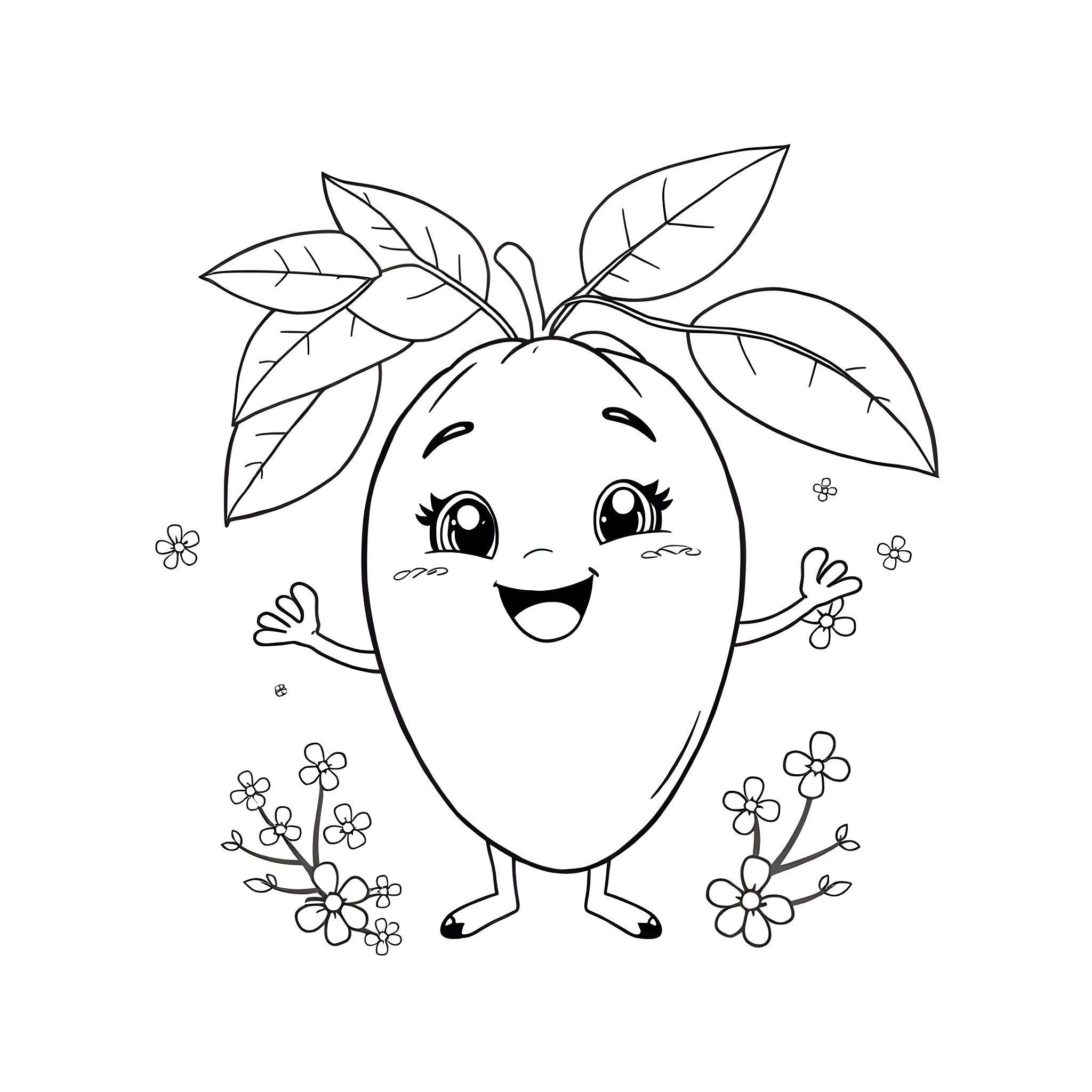 Mango with happy expression surrounded by flowers Coloring Page (free black-and-white line drawing printable PDF for all, from beginners to advanced learners, including children, teens, adults, and seniors)