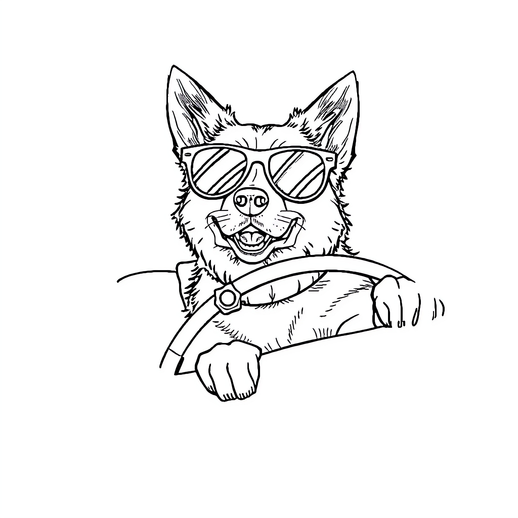 Dog Wearing Sunglasses and Smiling Coloring Page (free black-and-white line drawing printable PDF for all, from beginners to advanced learners, including children, teens, adults, and seniors)