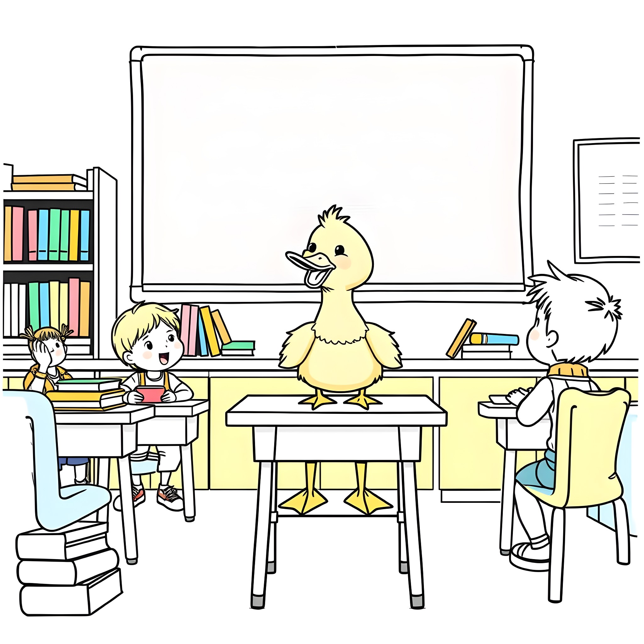 Duck teaching students in classroom Coloring Page (free black-and-white line drawing printable PDF for all, from beginners to advanced learners, including children, teens, adults, and seniors)