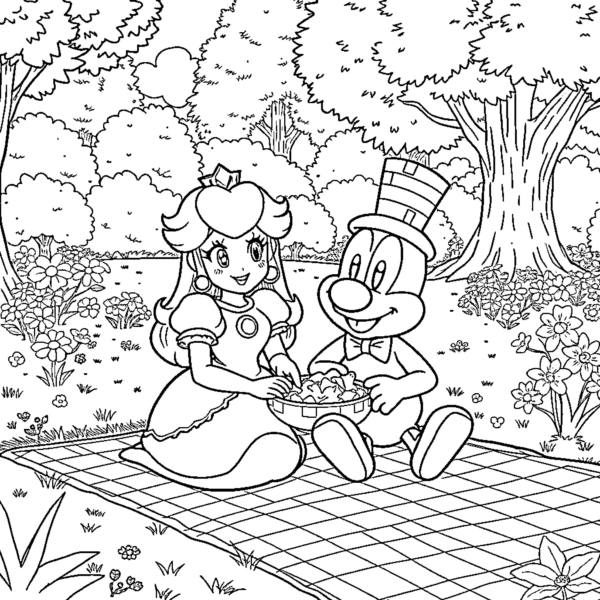 Princess and Cartoon Companion Enjoying a Picnic Coloring Page (free black-and-white line drawing printable PDF for all, from beginners to advanced learners, including children, teens, adults, and seniors)