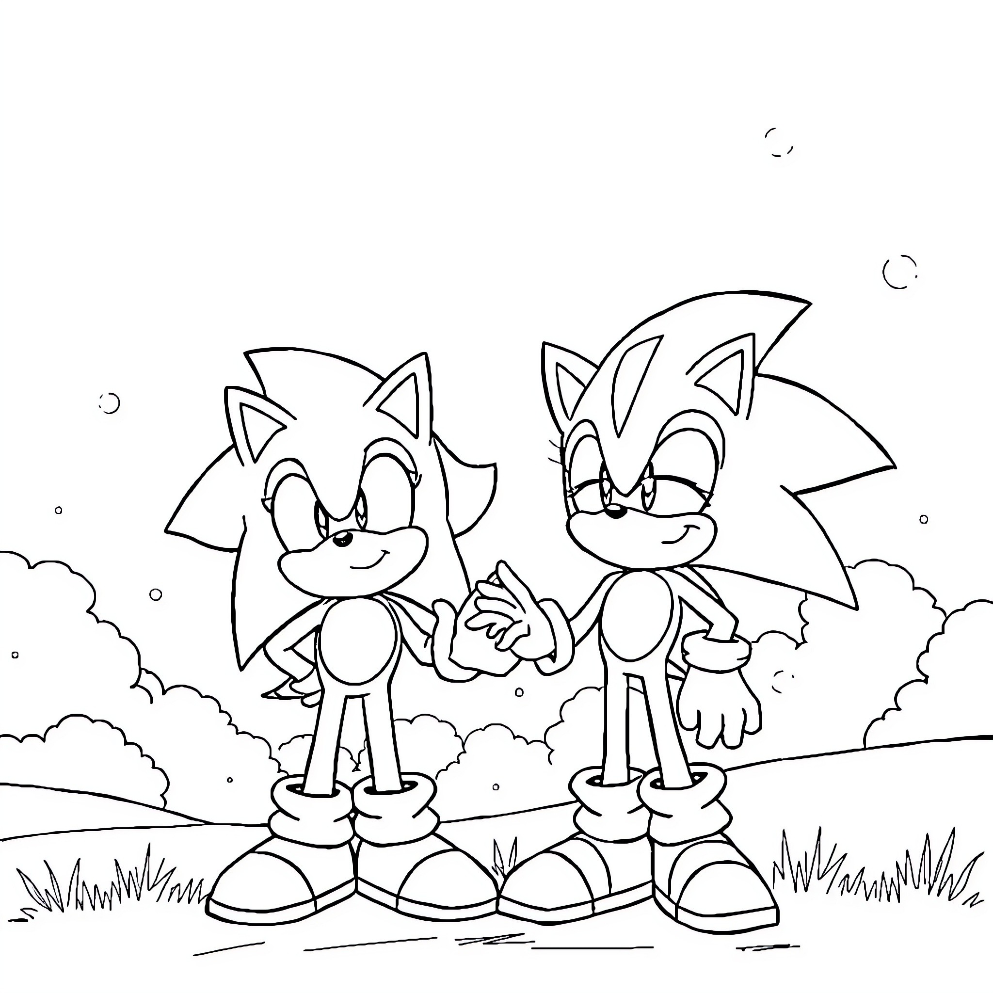 Sonic and friend running through the countryside Coloring Page (free black-and-white line drawing printable PDF for all, from beginners to advanced learners, including children, teens, adults, and seniors)