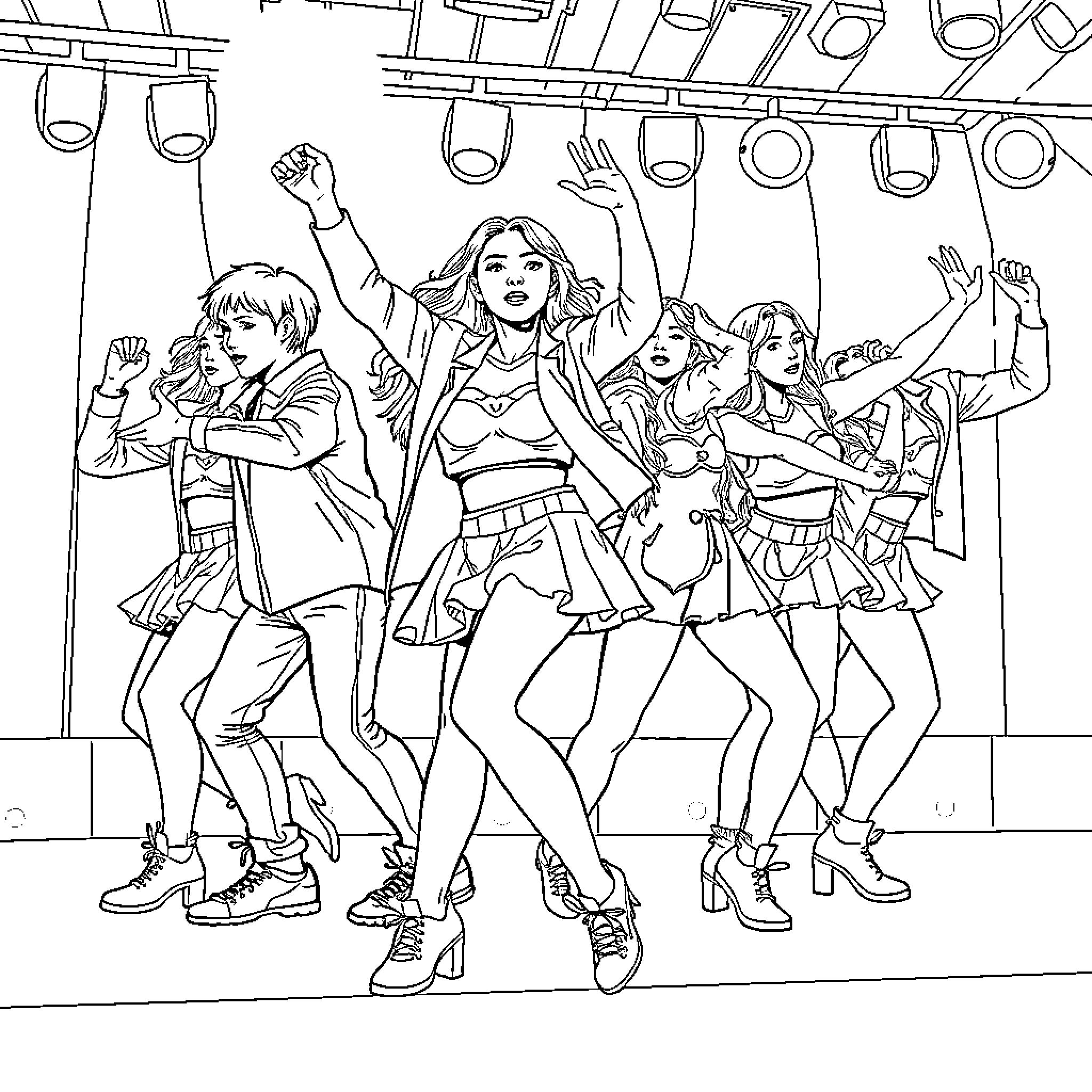 K Pop Group Performing Energetic Dance Routine Coloring Page (free black-and-white line drawing printable PDF for all, from beginners to advanced learners, including children, teens, adults, and seniors)