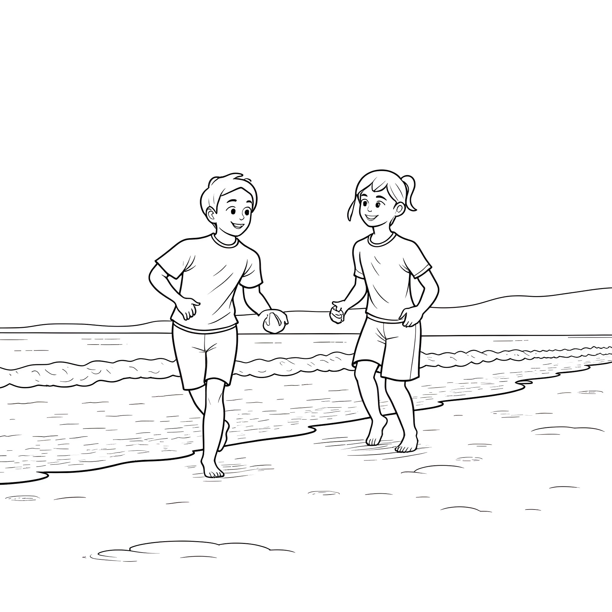 Cousin siblings playing in the shallow water Coloring Page (free black-and-white line drawing printable PDF for all, from beginners to advanced learners, including children, teens, adults, and seniors)