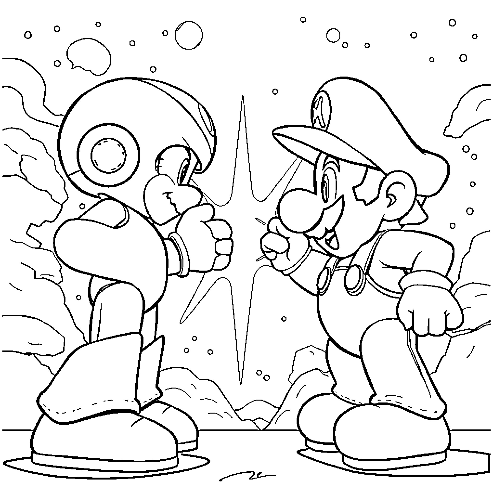 Megaman and Mario in Sci-Fi Adventure Coloring Page (free black-and-white line drawing printable PDF for all, from beginners to advanced learners, including children, teens, adults, and seniors)