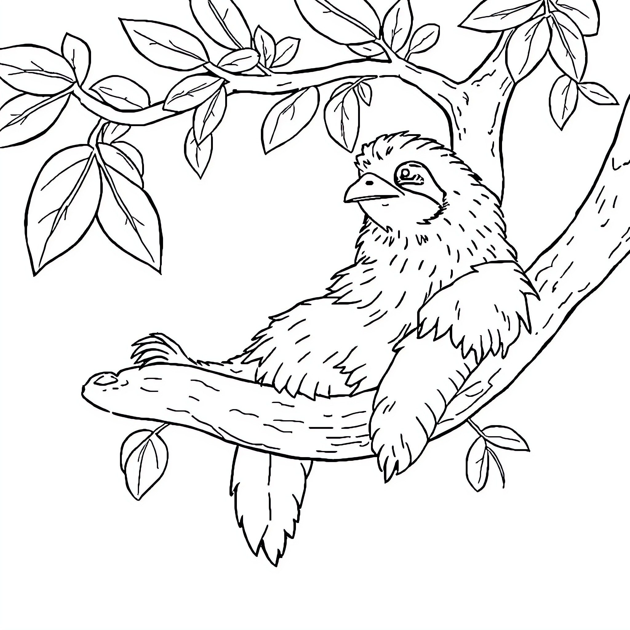Chicken relaxing on branch in nature Coloring Page (free black-and-white line drawing printable PDF for all, from beginners to advanced learners, including children, teens, adults, and seniors)