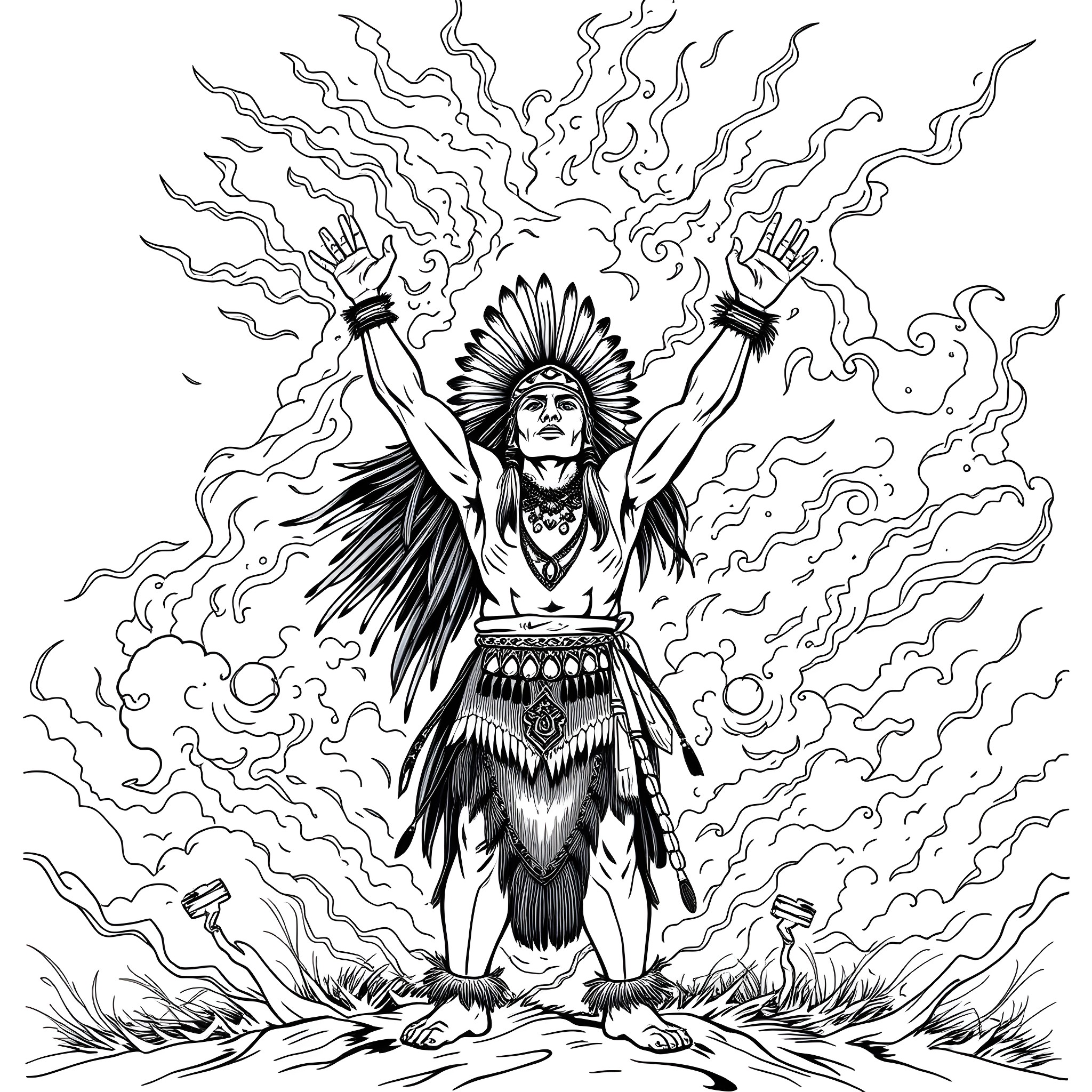 Cherokee Spirit: Warrior with Outstretched Arms and Feathered Headdress Coloring Page (free black-and-white line drawing printable PDF for all, from beginners to advanced learners, including children, teens, adults, and seniors)