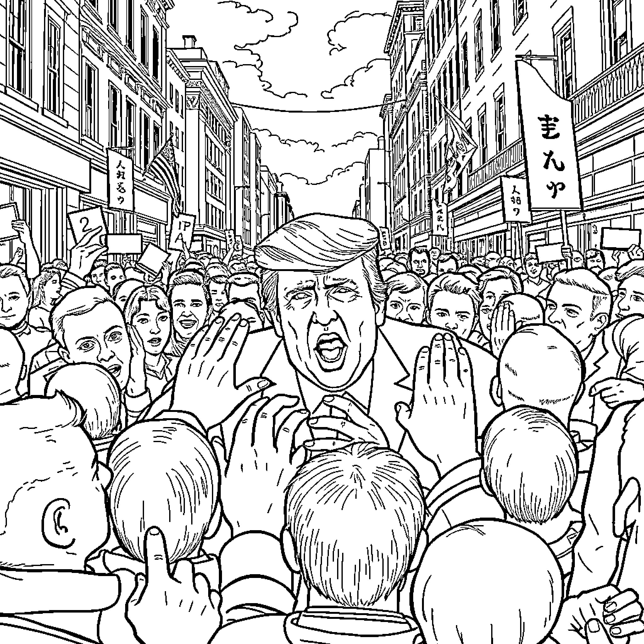 Trump Gestures Angrily in Crowded Street Scene Coloring Page (free black-and-white line drawing printable PDF for all, from beginners to advanced learners, including children, teens, adults, and seniors)