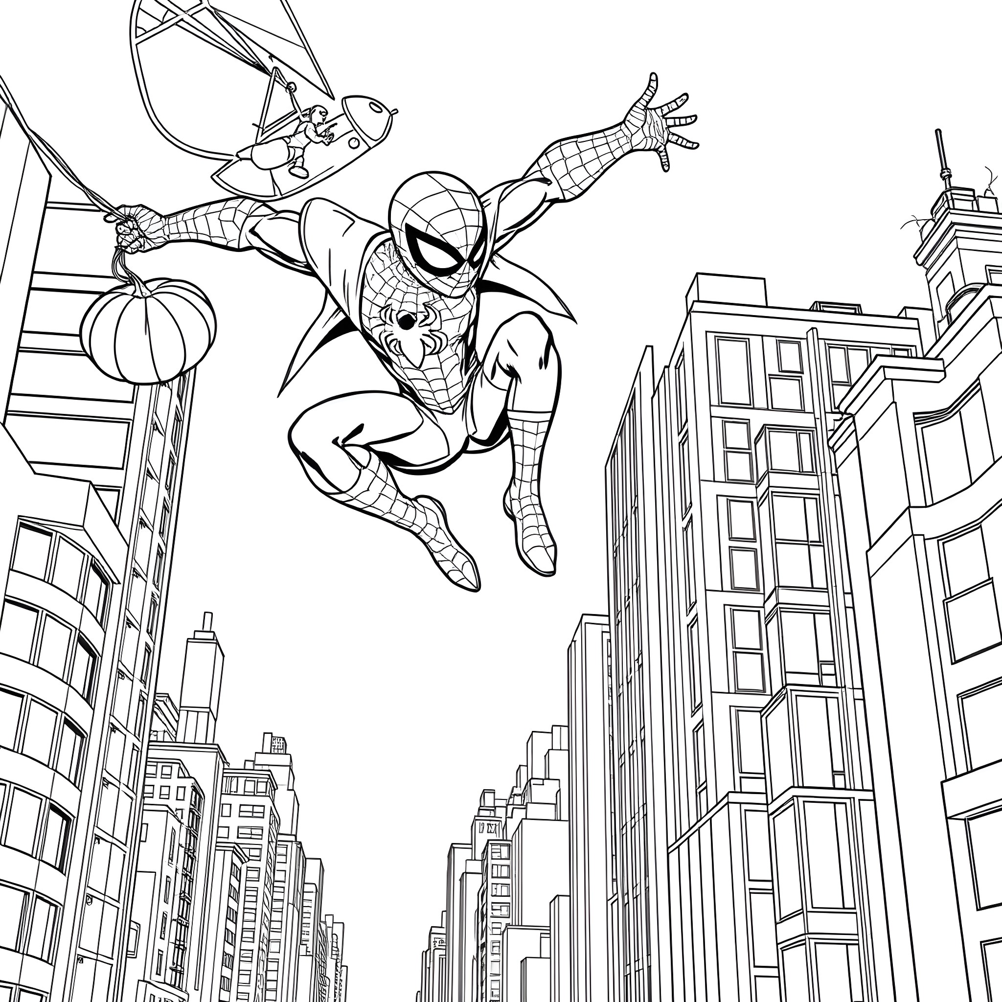 Spider-Man swinging through the city with webbing Coloring Page (free black-and-white line drawing printable PDF for all, from beginners to advanced learners, including children, teens, adults, and seniors)