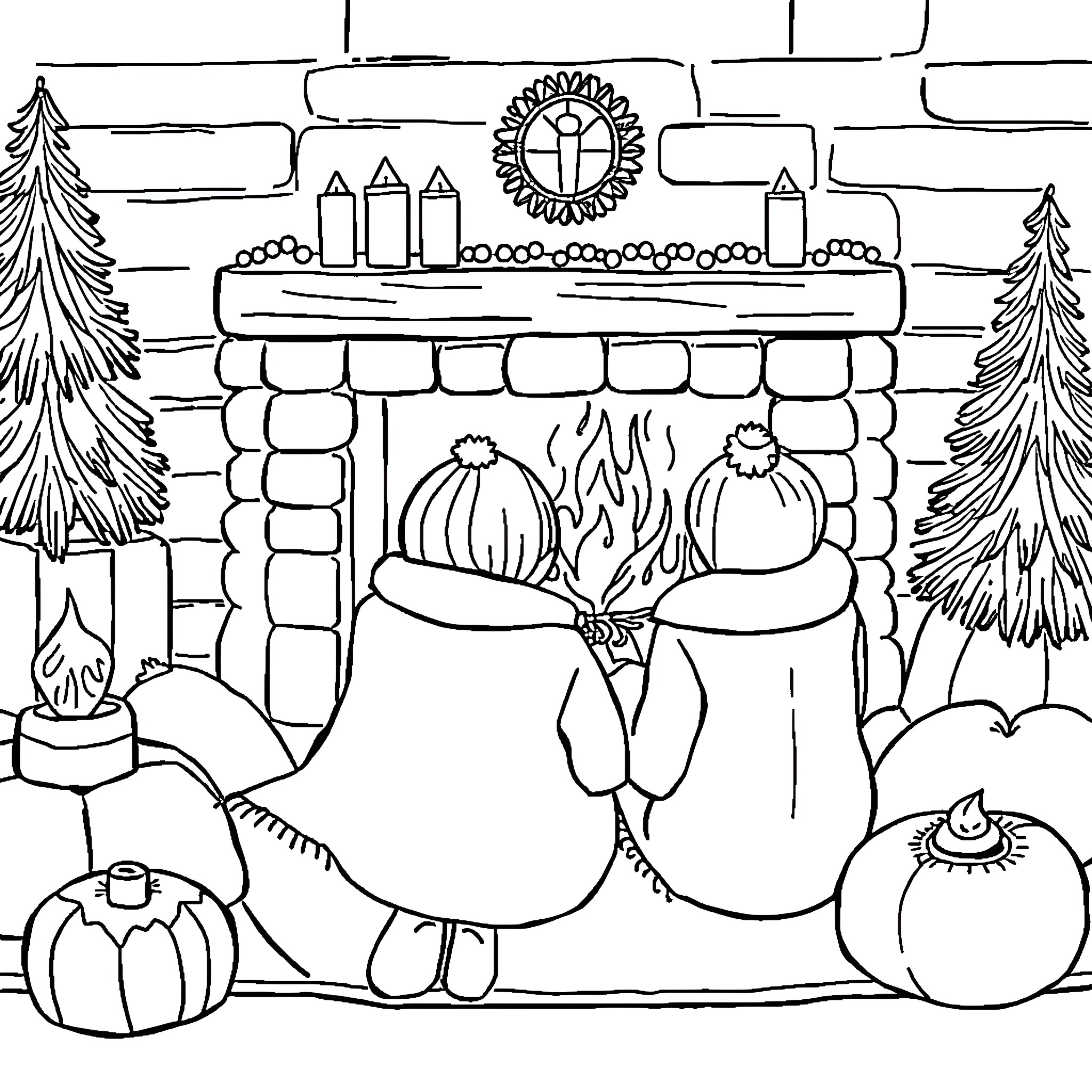 Friend relaxing by the fireplace on a cozy winter day Coloring Page (free black-and-white line drawing printable PDF for all, from beginners to advanced learners, including children, teens, adults, and seniors)