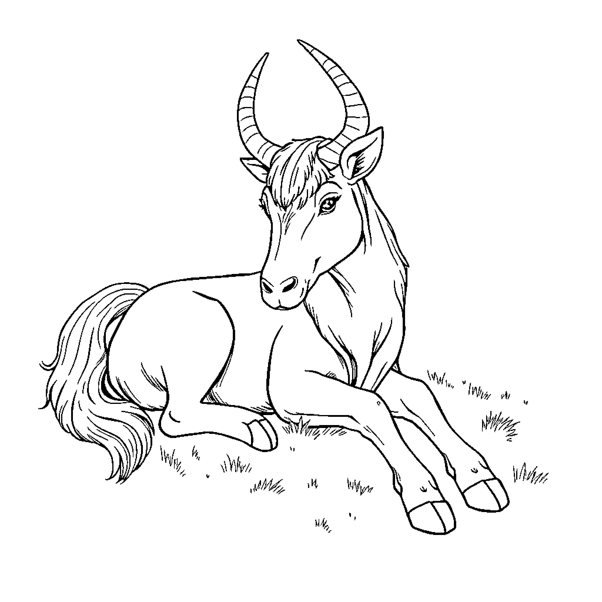Enhjørning resting peacefully in the field Coloring Page (free black-and-white line drawing printable PDF for all, from beginners to advanced learners, including children, teens, adults, and seniors)