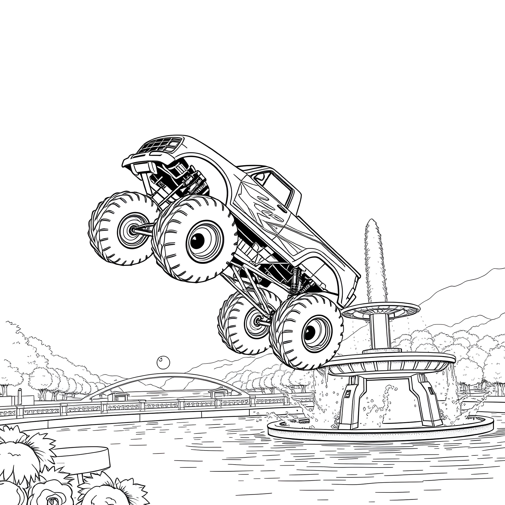 Monstertruck jumping over a water fountain Coloring Page (free black-and-white line drawing printable PDF for all, from beginners to advanced learners, including children, teens, adults, and seniors)