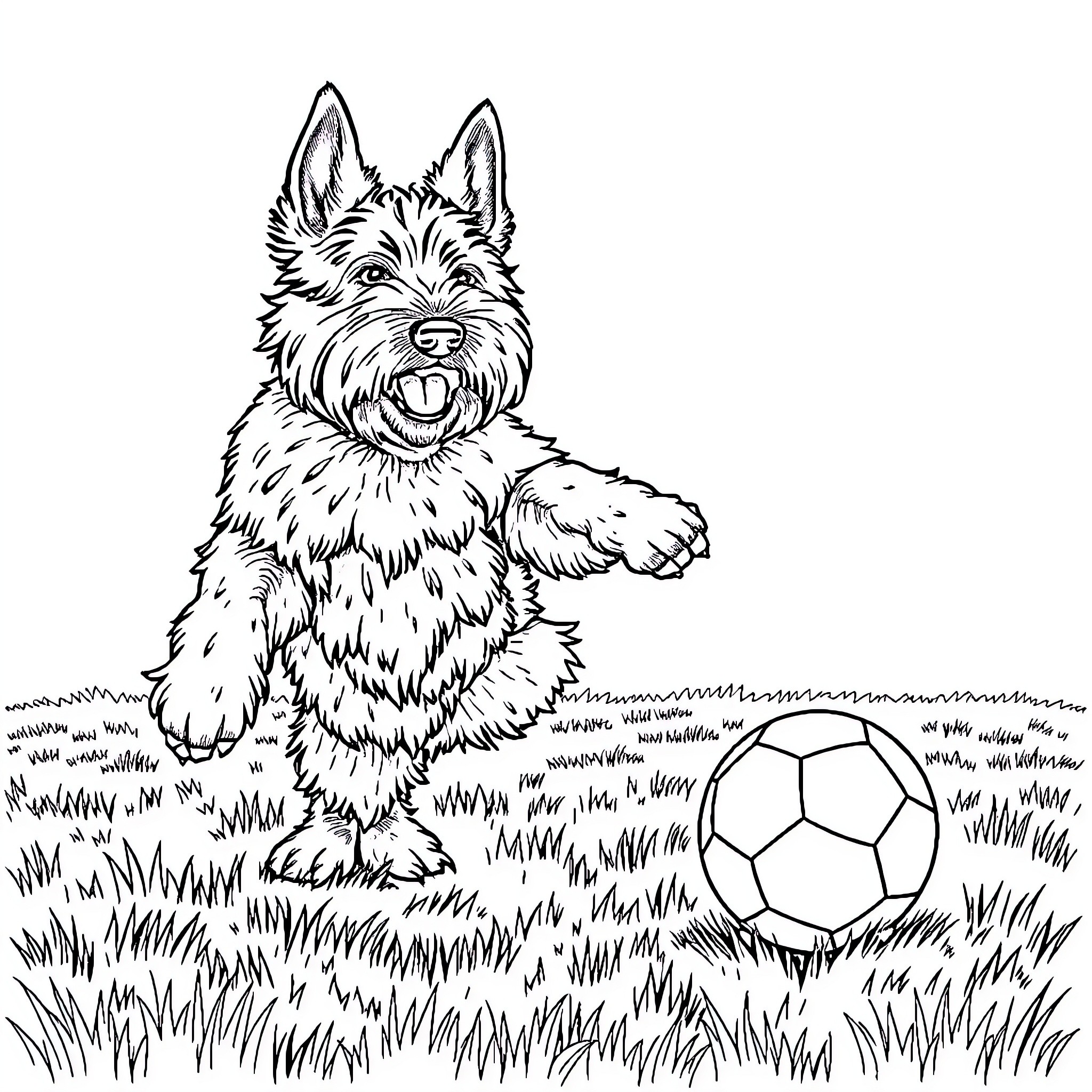 Wheaten Terrier chasing playfully after a soccer ball Coloring Page (free black-and-white line drawing printable PDF for all, from beginners to advanced learners, including children, teens, adults, and seniors)