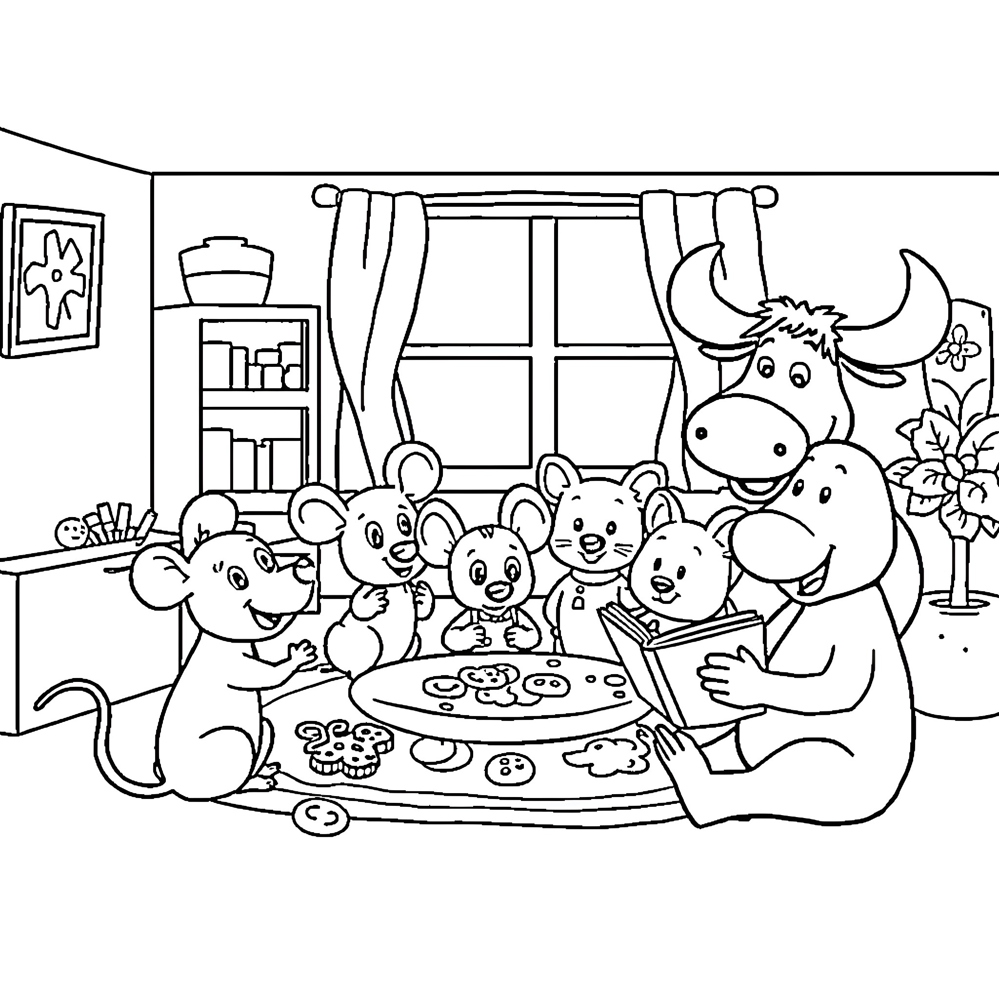 Mouse family enjoying a cozy indoor gathering Coloring Page (free black-and-white line drawing printable PDF for all, from beginners to advanced learners, including children, teens, adults, and seniors)