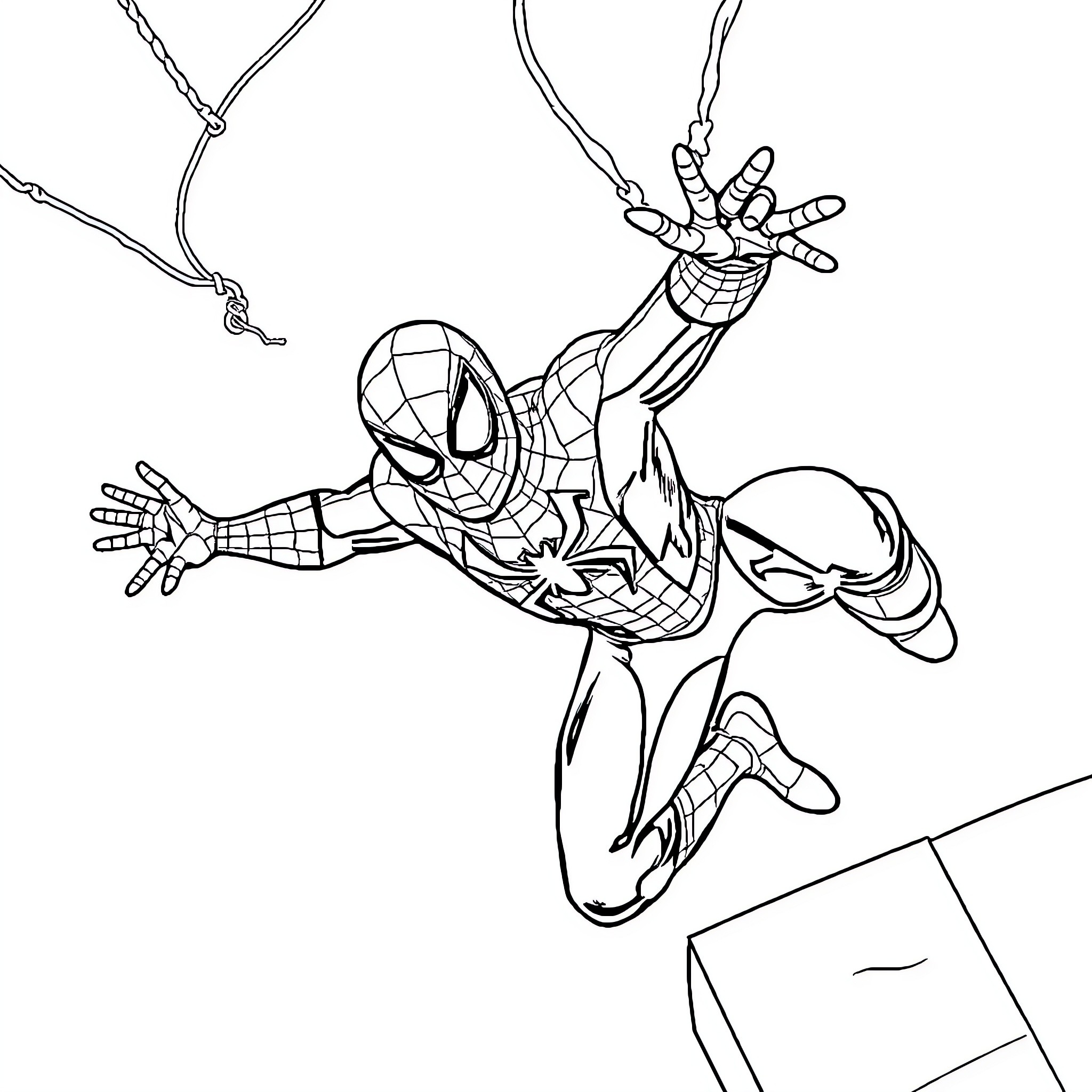 Spider-Man swinging into action Coloring Page (free black-and-white line drawing printable PDF for all, from beginners to advanced learners, including children, teens, adults, and seniors)