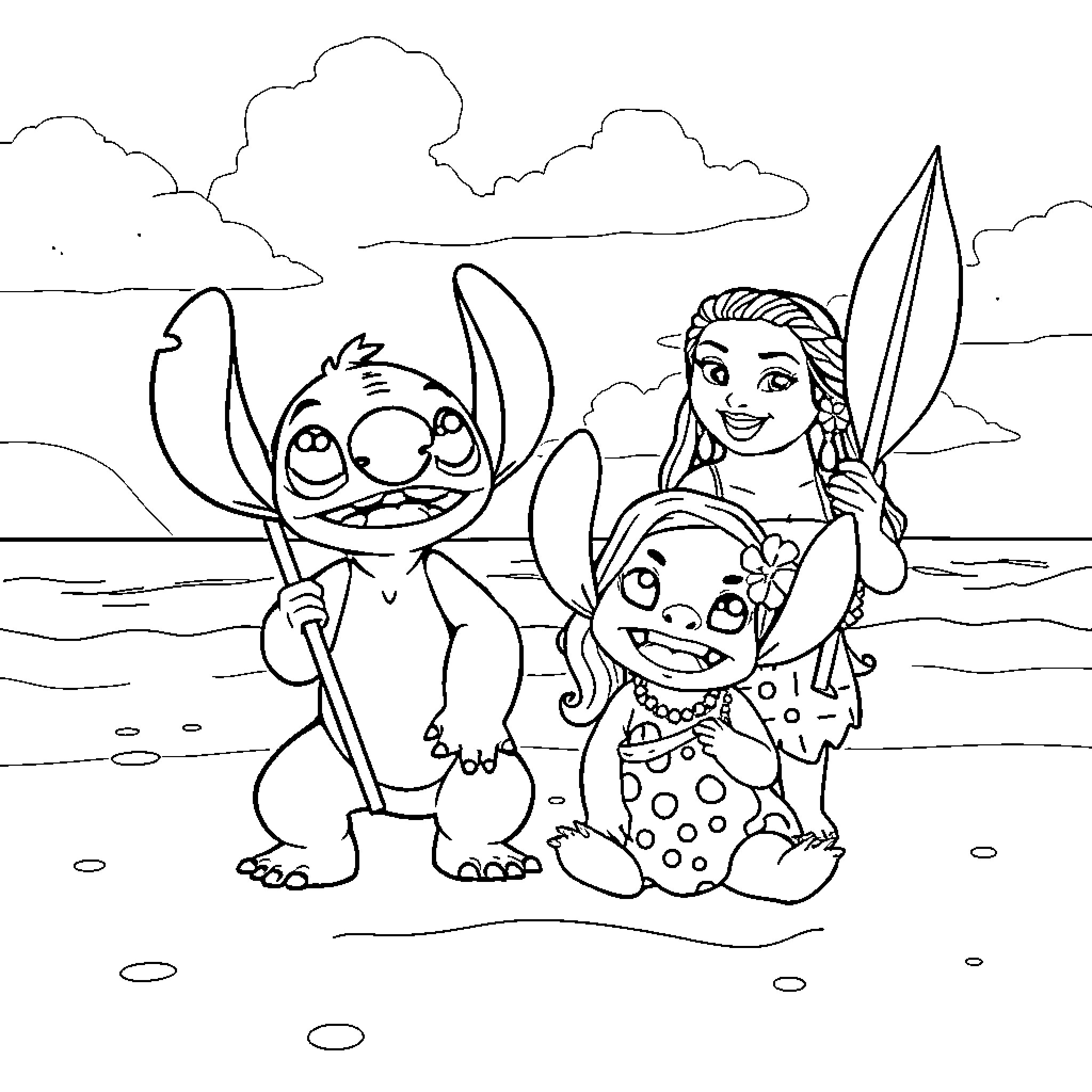 Maui and Stitch enjoy a beach day Coloring Page (free black-and-white line drawing printable PDF for all, from beginners to advanced learners, including children, teens, adults, and seniors)