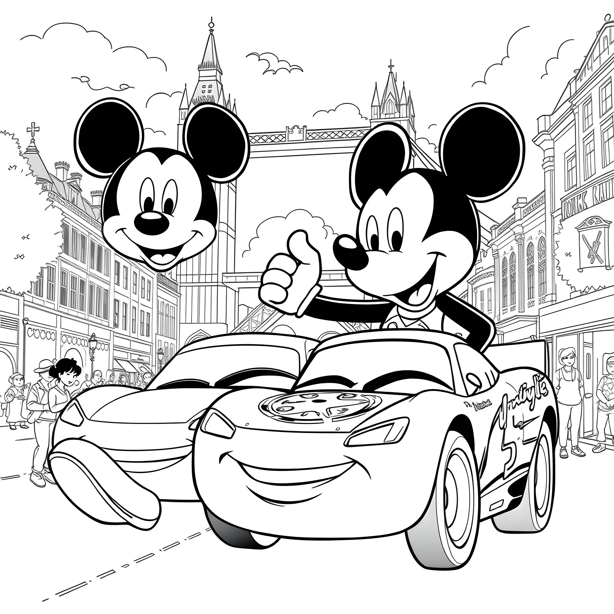 Mickey Mouse and friends enjoy a car ride through the city Coloring Page (free black-and-white line drawing printable PDF for all, from beginners to advanced learners, including children, teens, adults, and seniors)
