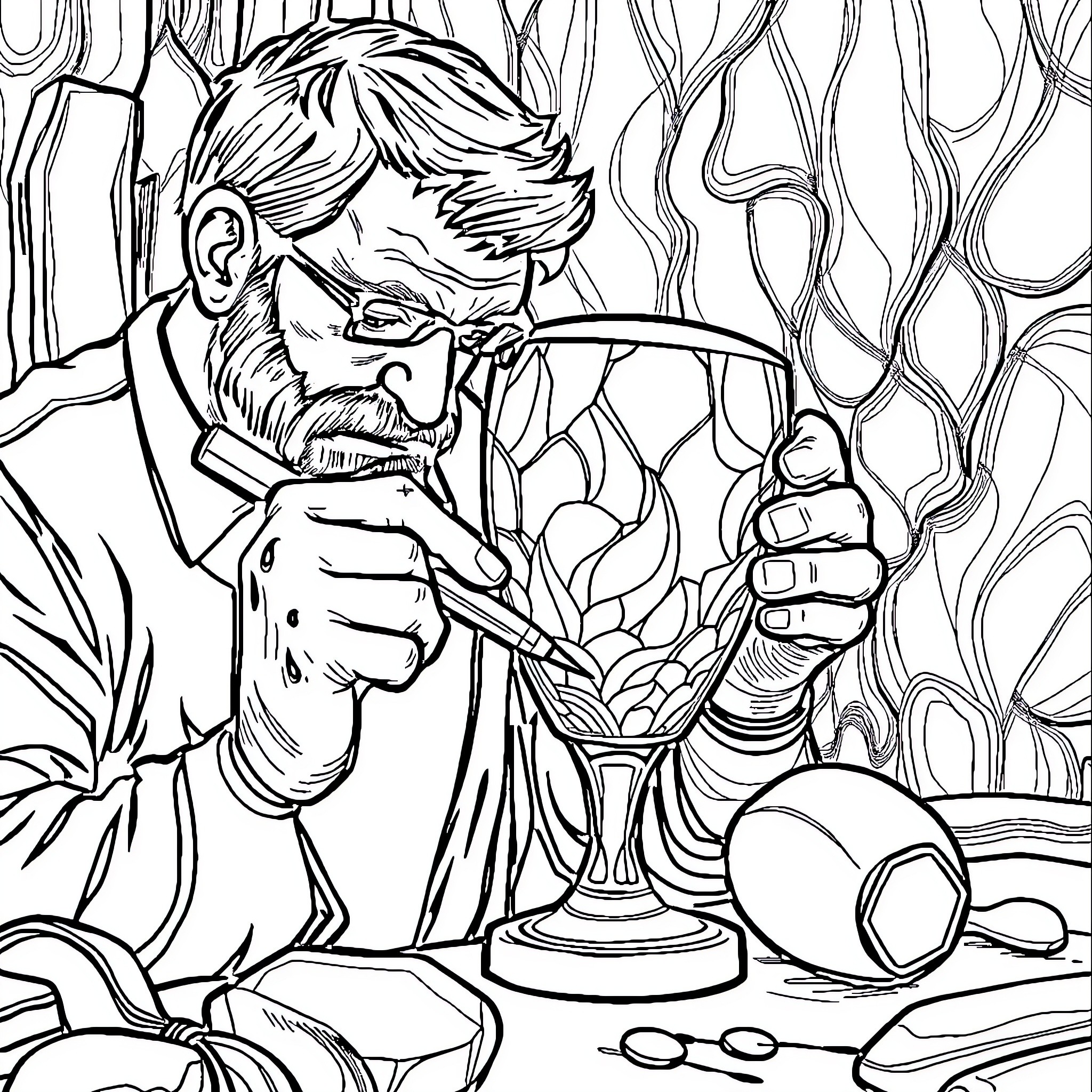 Glascutter working intently at his craft Coloring Page (free black-and-white line drawing printable PDF for all, from beginners to advanced learners, including children, teens, adults, and seniors)