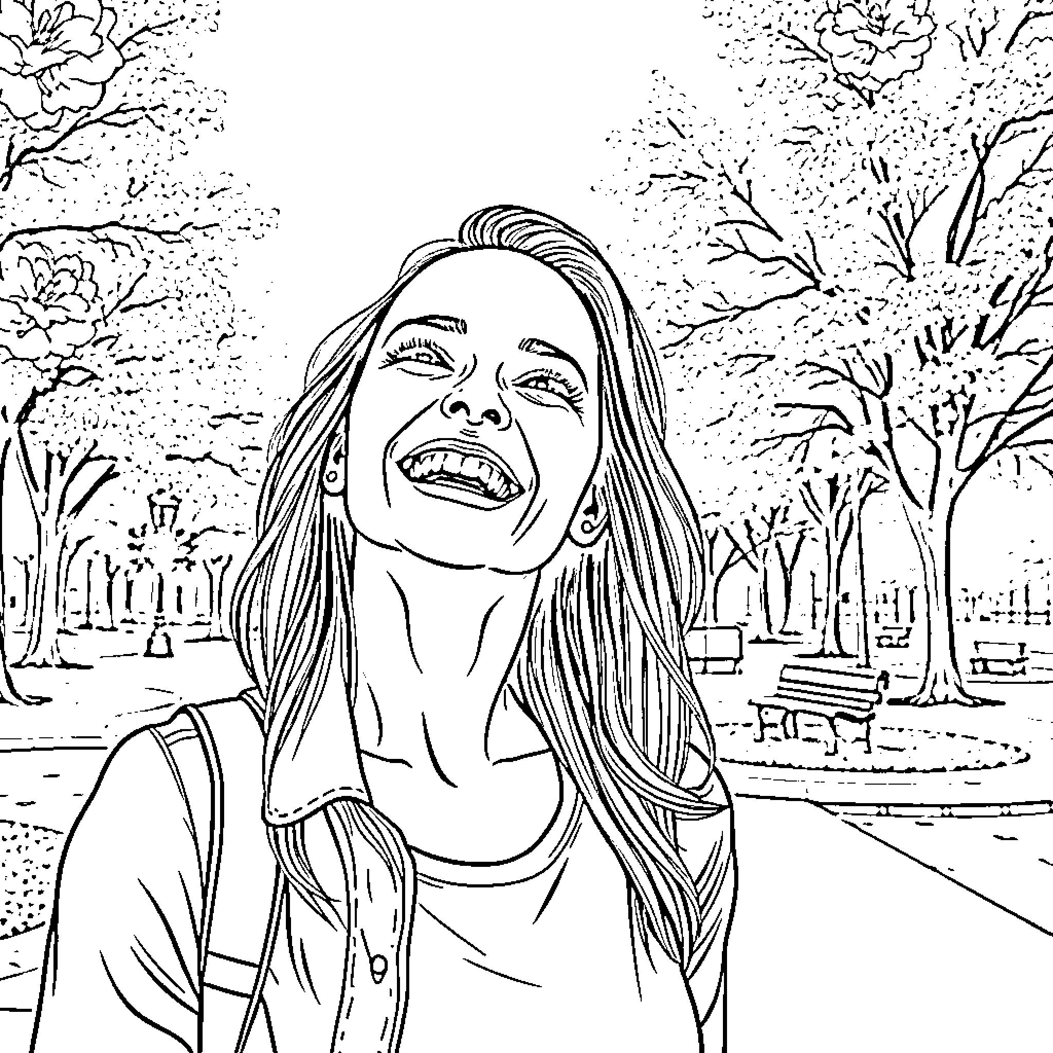 Woman happily smiling outdoors in the park Coloring Page (free black-and-white line drawing printable PDF for all, from beginners to advanced learners, including children, teens, adults, and seniors)