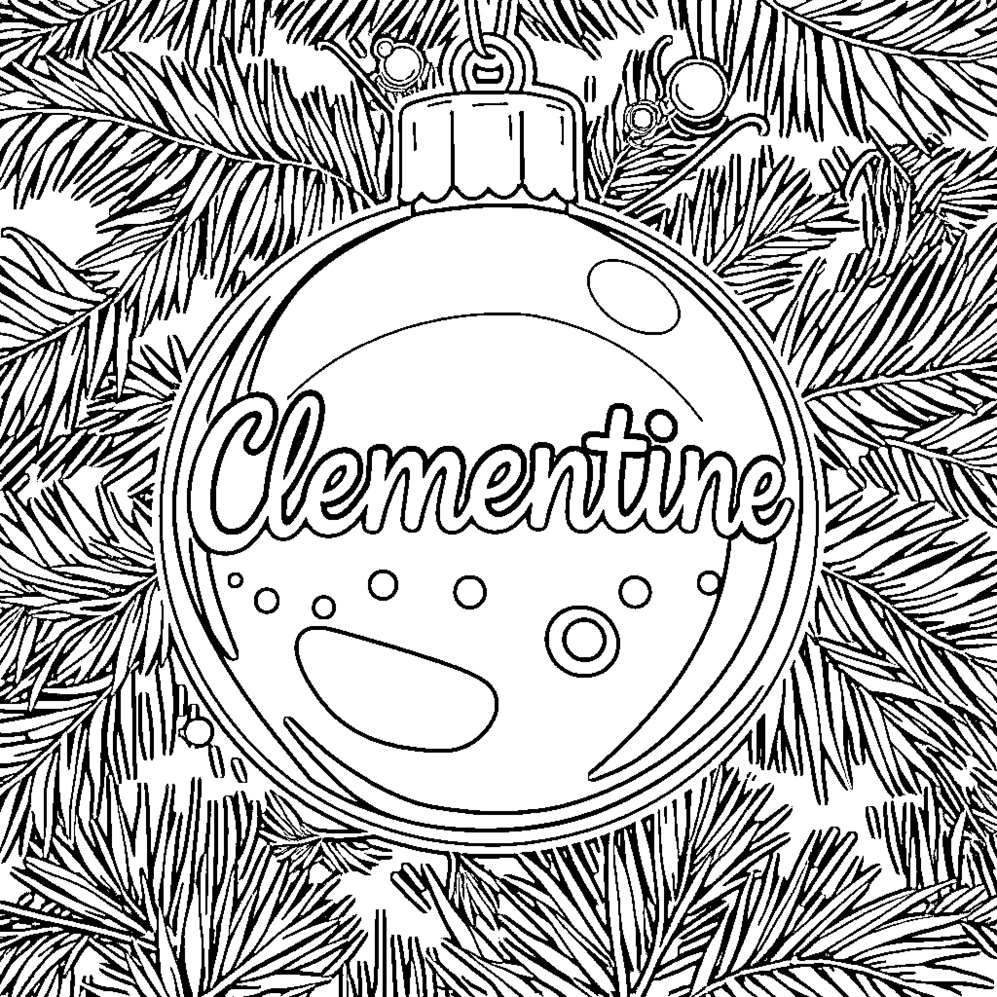 Ornament with Clementine Text Coloring Page (free black-and-white line drawing printable PDF for all, from beginners to advanced learners, including children, teens, adults, and seniors)