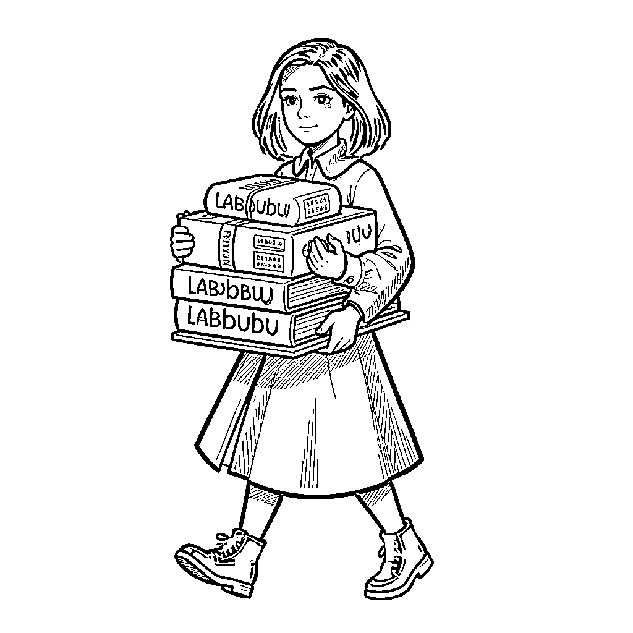 Wednesday Adams carrying a heavy stack of books Coloring Page (free black-and-white line drawing printable PDF for all, from beginners to advanced learners, including children, teens, adults, and seniors)