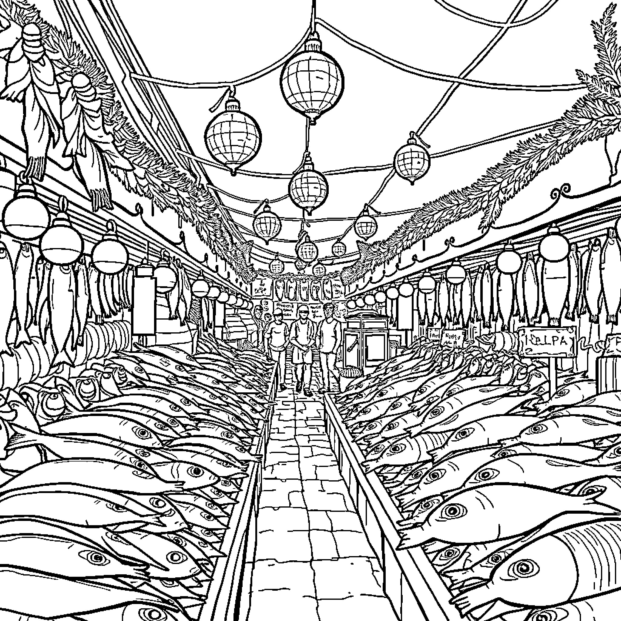 Fish festival in a fantastical underwater world Coloring Page (free black-and-white line drawing printable PDF for all, from beginners to advanced learners, including children, teens, adults, and seniors)