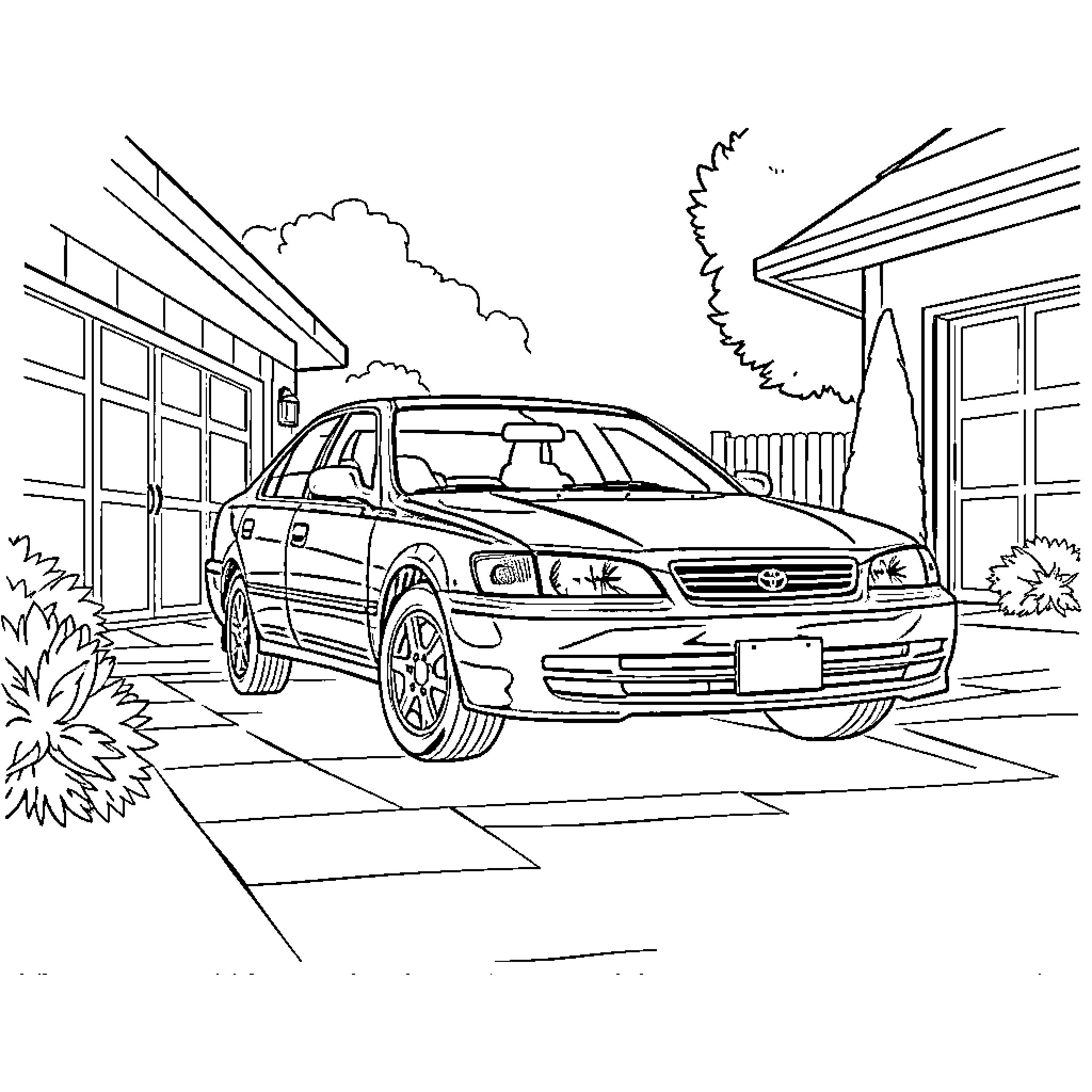 Toyota Camry parked in suburban driveway Coloring Page (free black-and-white line drawing printable PDF for all, from beginners to advanced learners, including children, teens, adults, and seniors)
