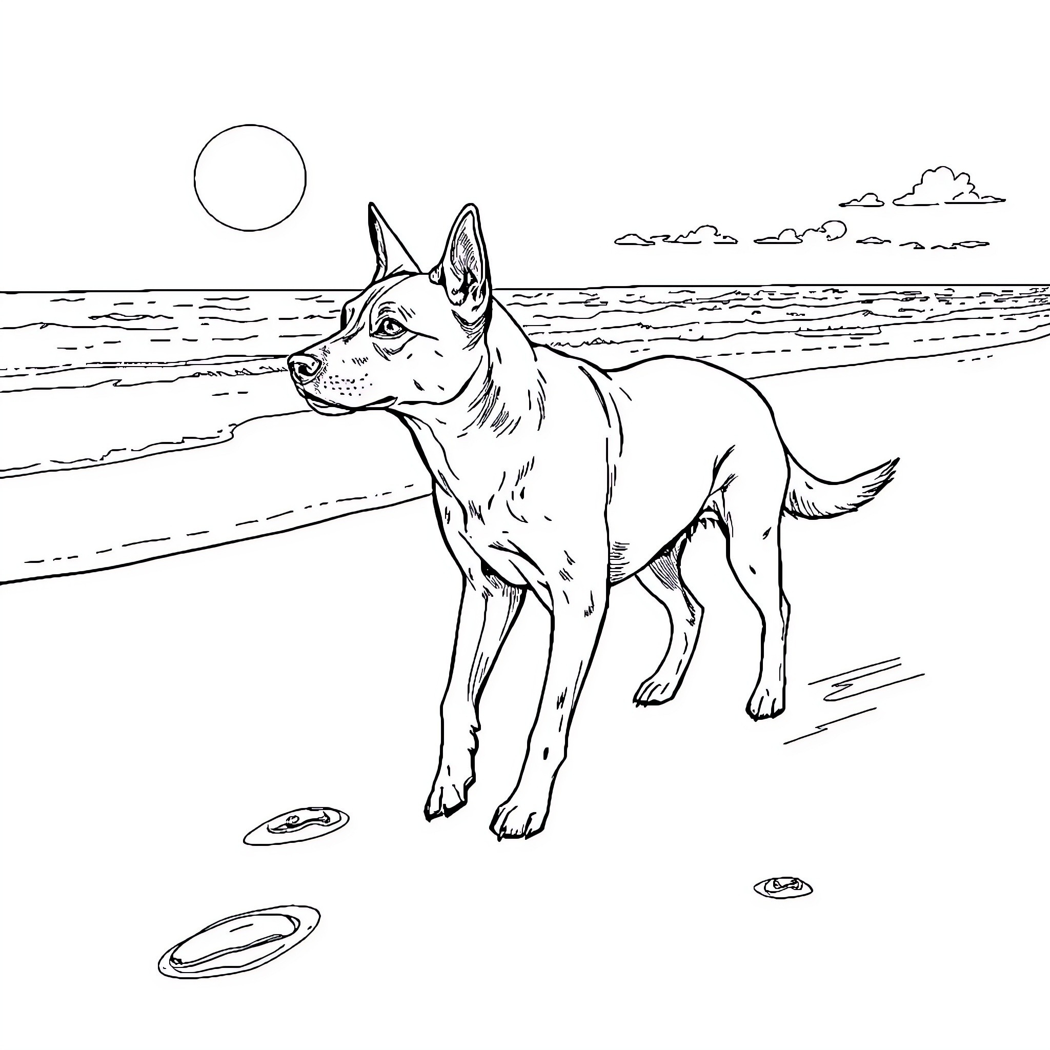 Dog playing on the beach with the sun Coloring Page (free black-and-white line drawing printable PDF for all, from beginners to advanced learners, including children, teens, adults, and seniors)