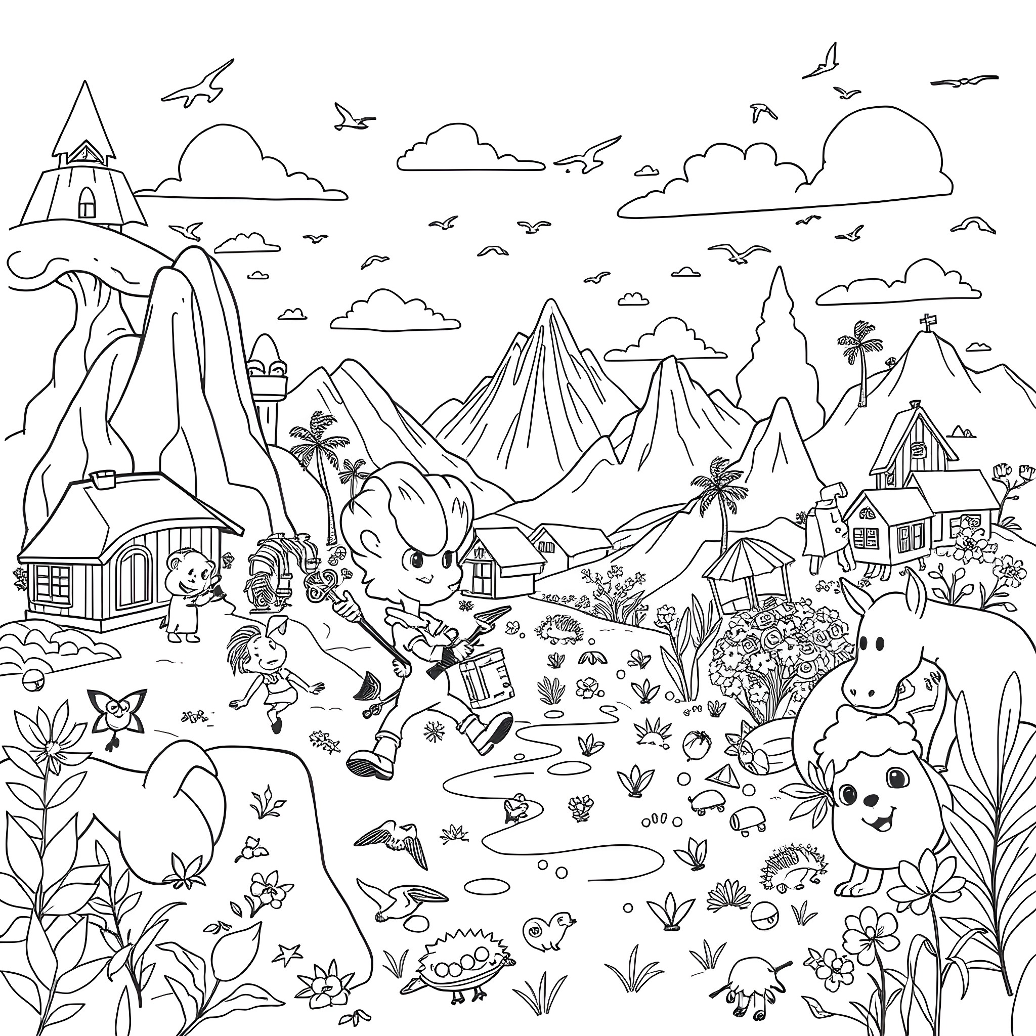 90s Cartoon Characters Exploring Enchanted Forest Landscape Coloring Page (free black-and-white line drawing printable PDF for all, from beginners to advanced learners, including children, teens, adults, and seniors)