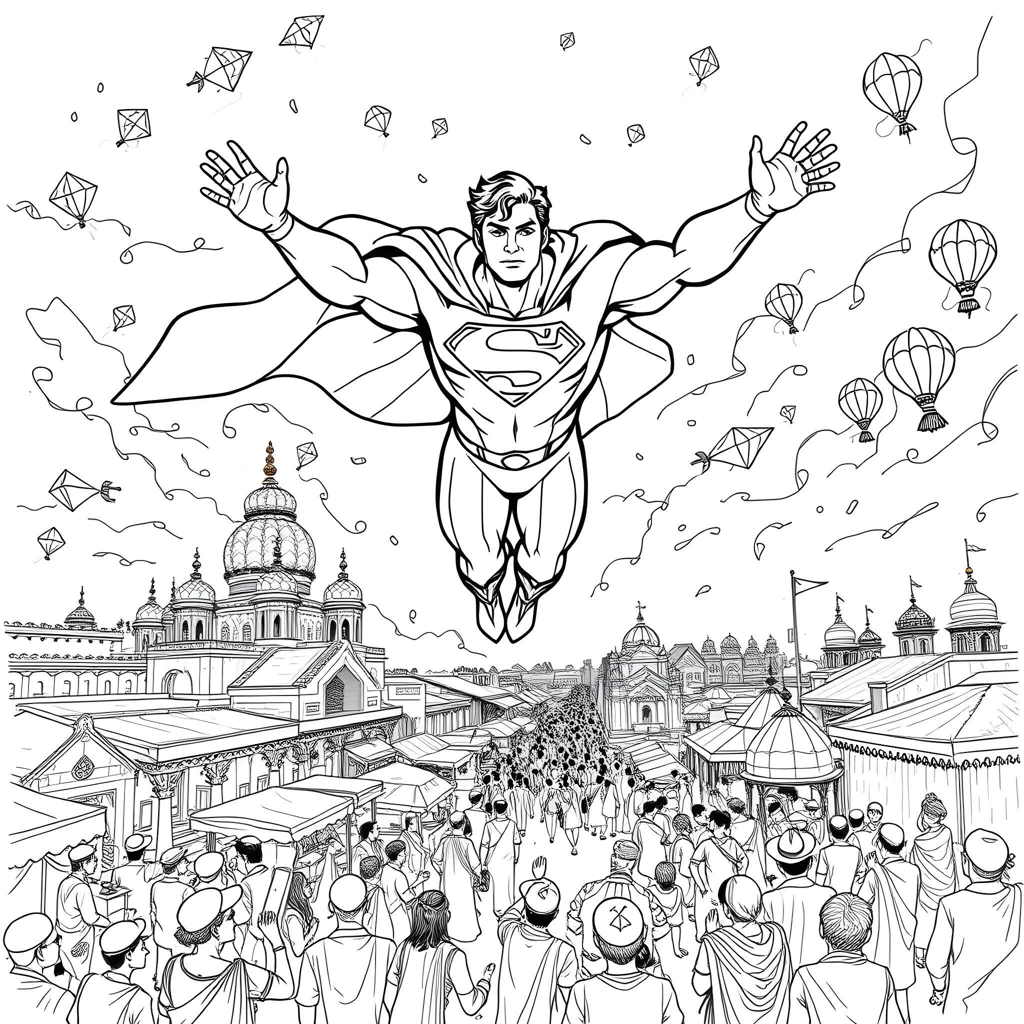 Superman soars over a bustling city scene Coloring Page (free black-and-white line drawing printable PDF for all, from beginners to advanced learners, including children, teens, adults, and seniors)