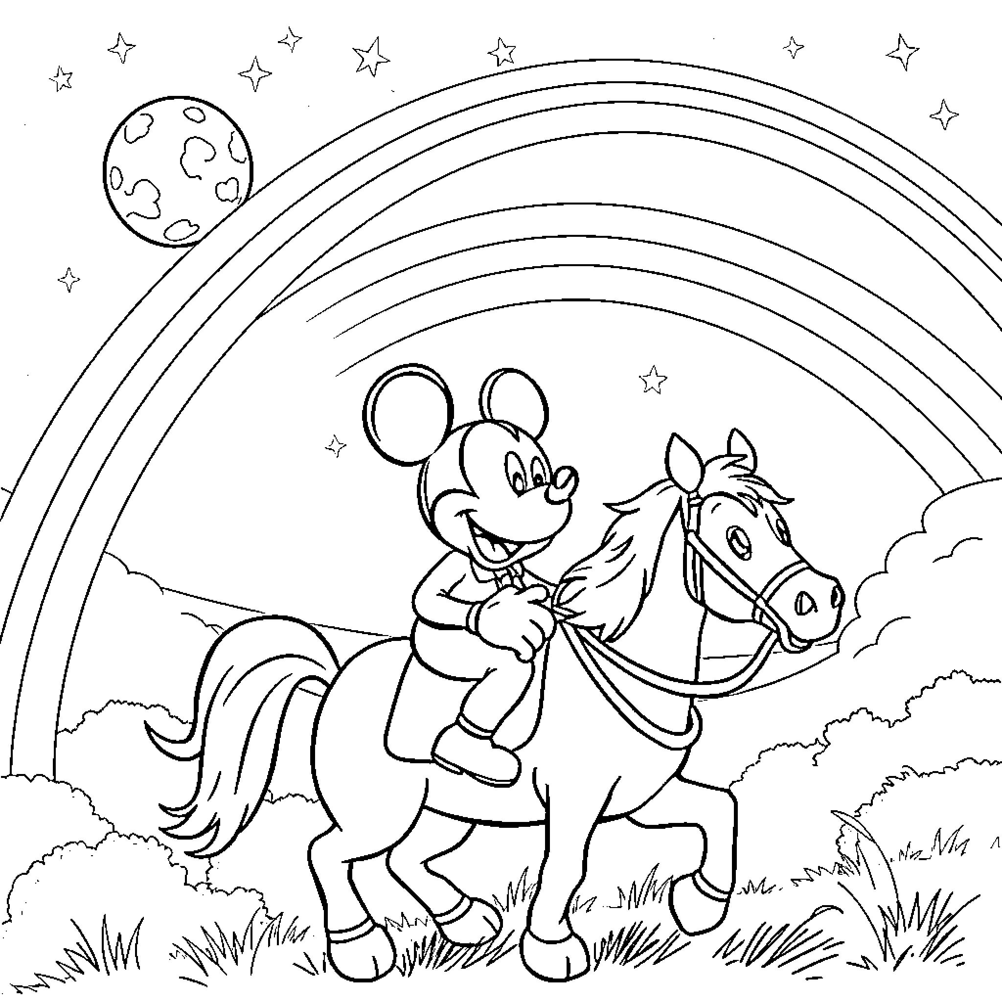 Mickey Mouse riding a horse under a rainbow with stars Coloring Page (free black-and-white line drawing printable PDF for all, from beginners to advanced learners, including children, teens, adults, and seniors)