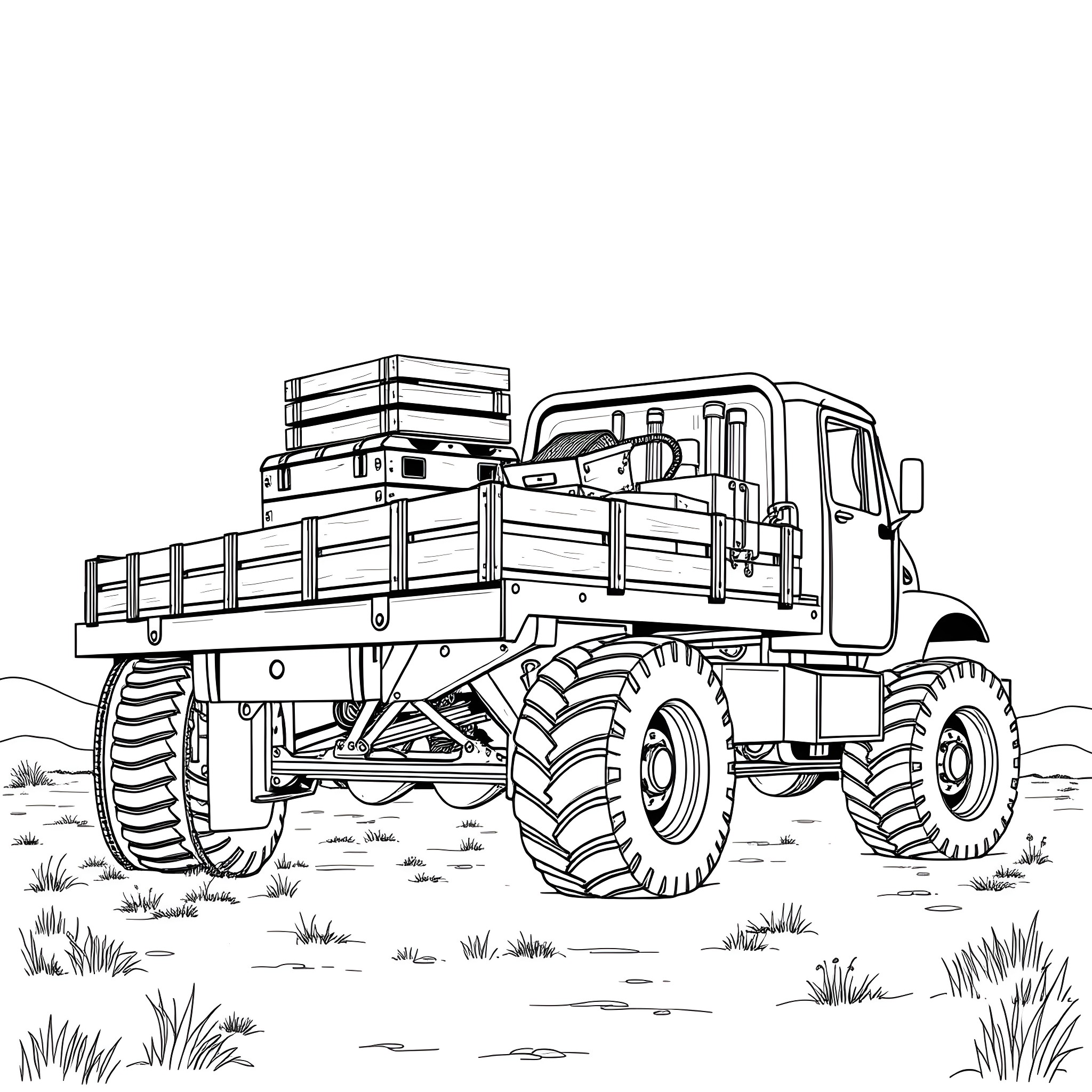 Truck hauling cargo in rural setting Coloring Page (free black-and-white line drawing printable PDF for all, from beginners to advanced learners, including children, teens, adults, and seniors)