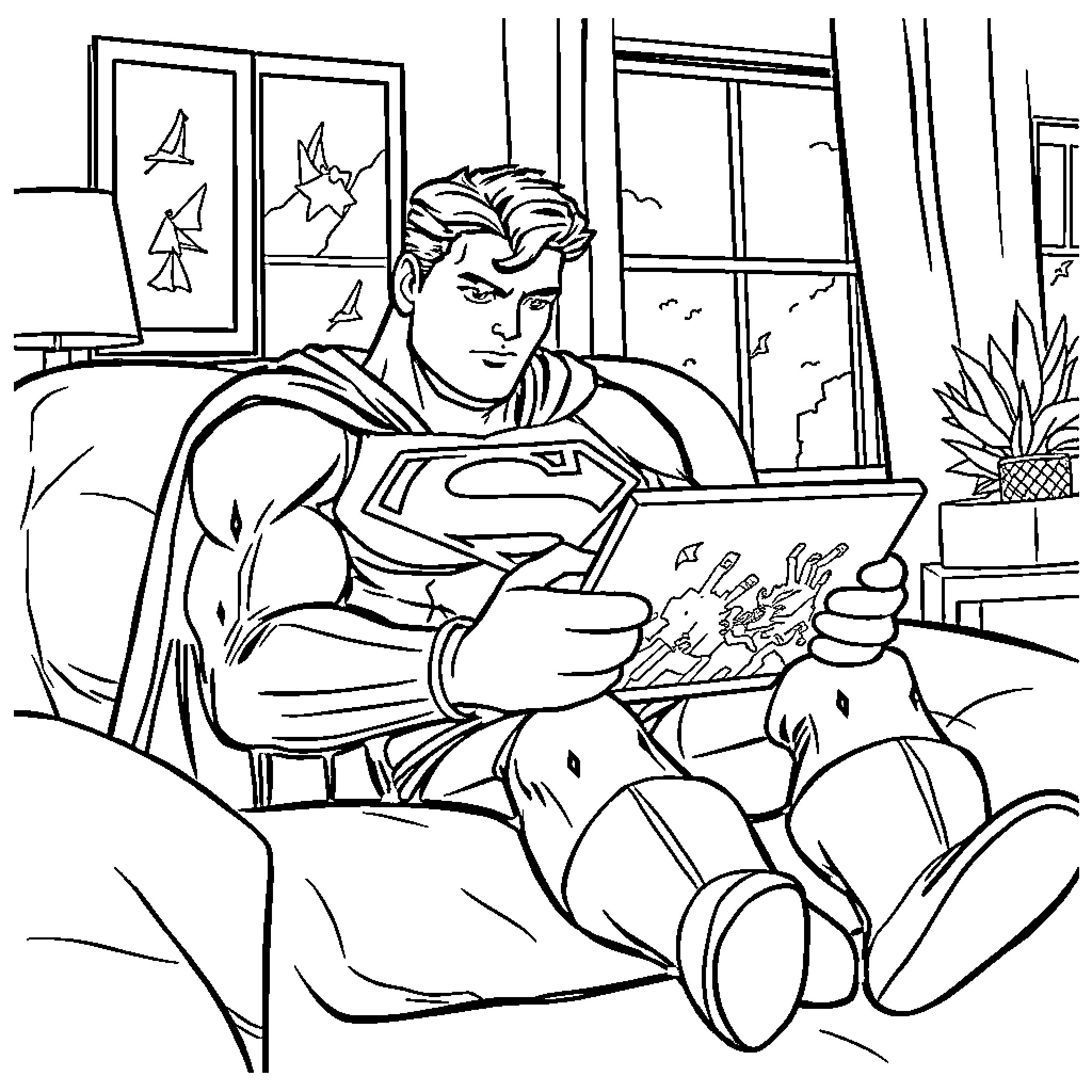 Superman reading a book in a cozy living room Coloring Page (free black-and-white line drawing printable PDF for all, from beginners to advanced learners, including children, teens, adults, and seniors)