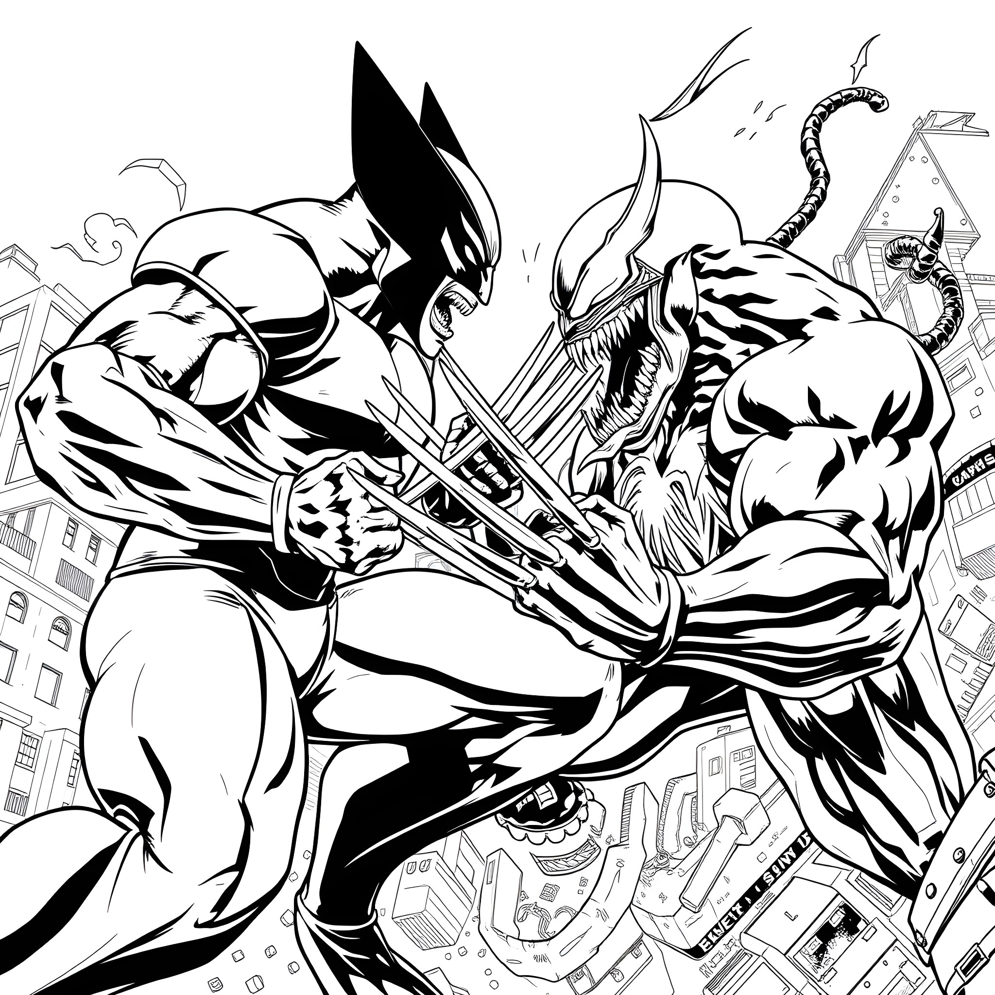 Wolverine clashing with a fearsome villain in a cityscape Coloring Page (free black-and-white line drawing printable PDF for all, from beginners to advanced learners, including children, teens, adults, and seniors)