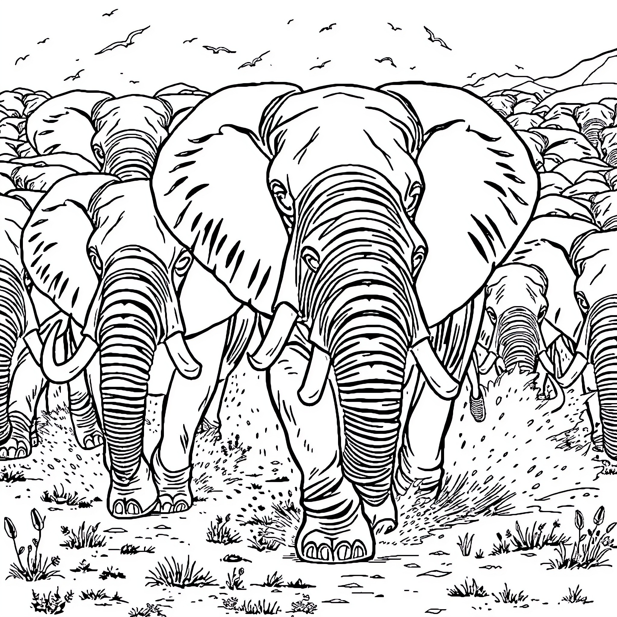 Elephant herd marching through the wilderness Coloring Page (free black-and-white line drawing printable PDF for all, from beginners to advanced learners, including children, teens, adults, and seniors)