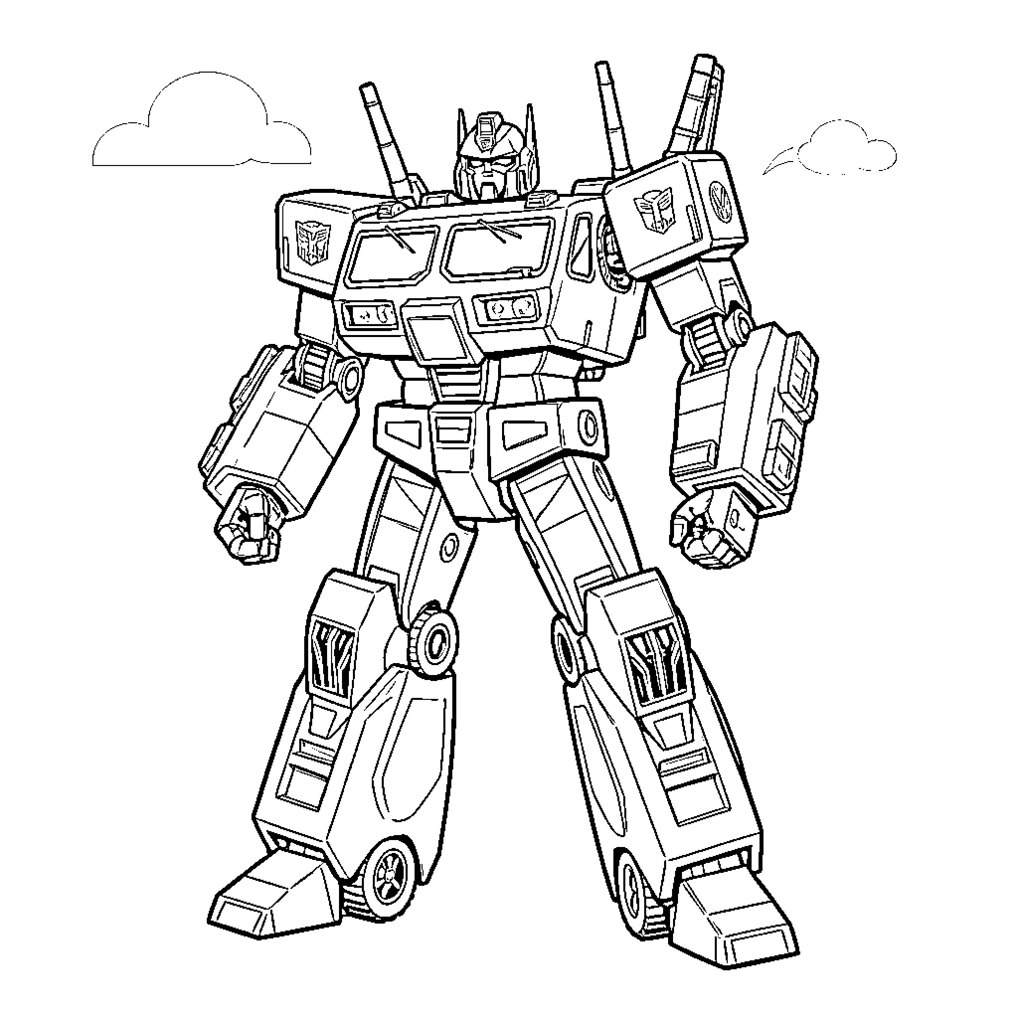 Volkswagen Transformer in Action Pose Coloring Page (free black-and-white line drawing printable PDF for all, from beginners to advanced learners, including children, teens, adults, and seniors)