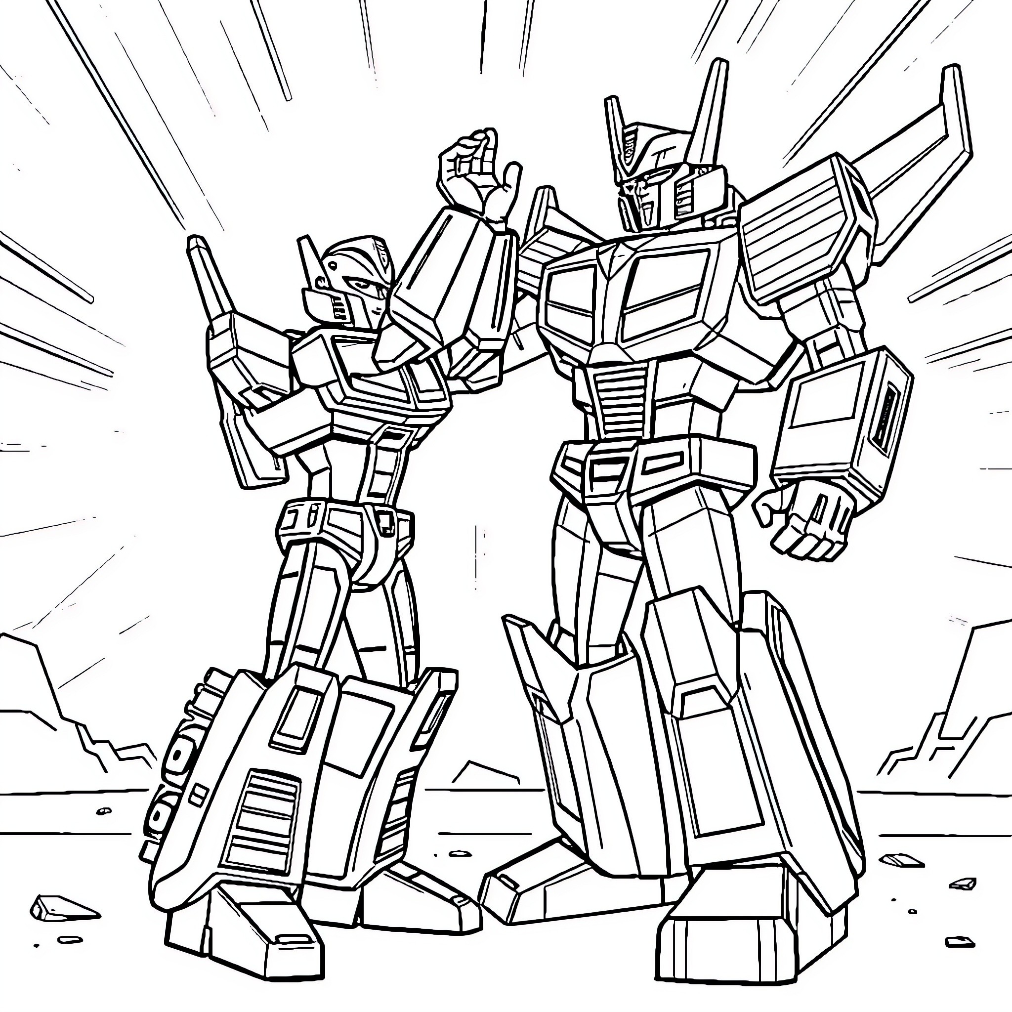 Transformer robots in action-packed pose Coloring Page (free black-and-white line drawing printable PDF for all, from beginners to advanced learners, including children, teens, adults, and seniors)