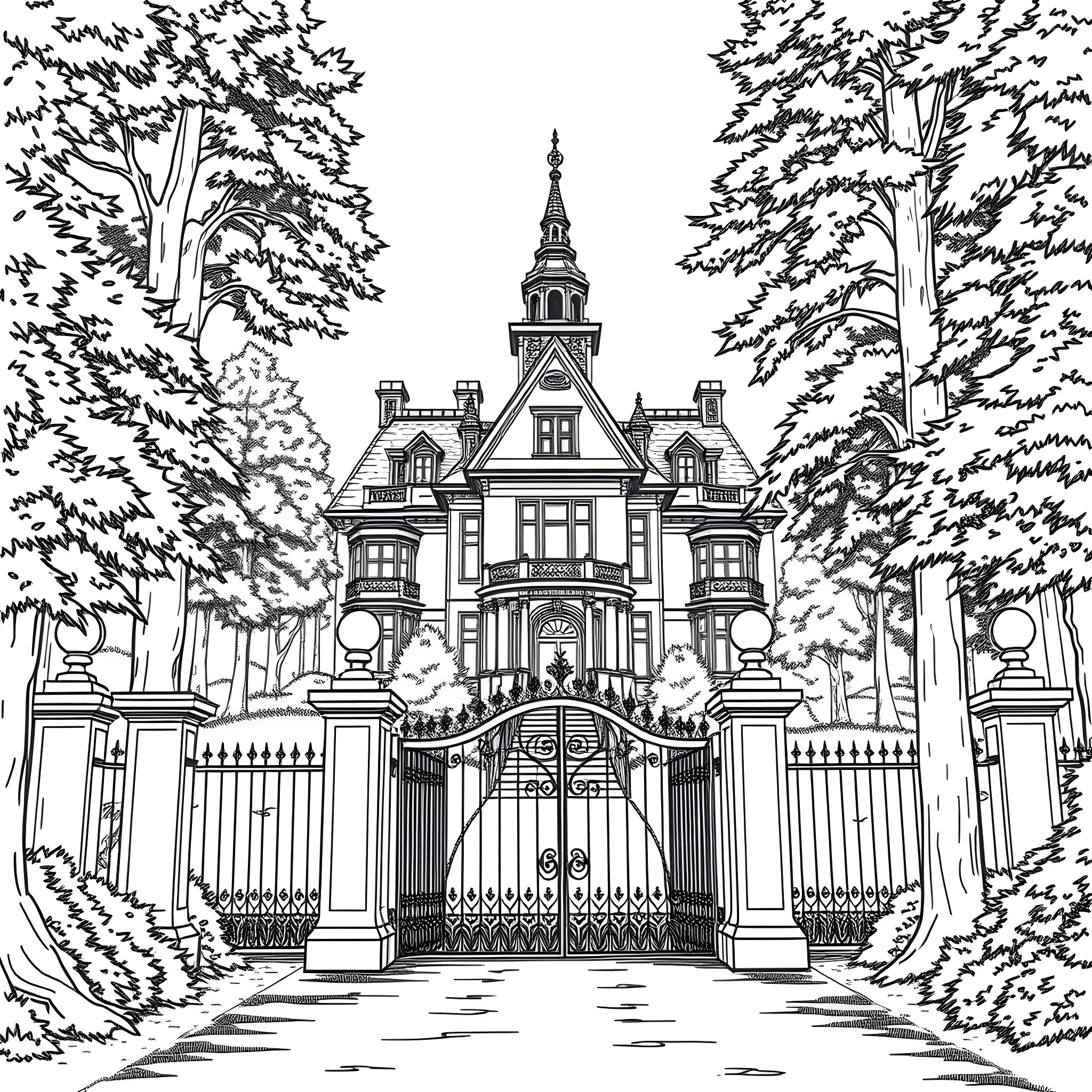 Hospital with Victorian-style architecture surrounded by trees Coloring Page (free black-and-white line drawing printable PDF for all, from beginners to advanced learners, including children, teens, adults, and seniors)